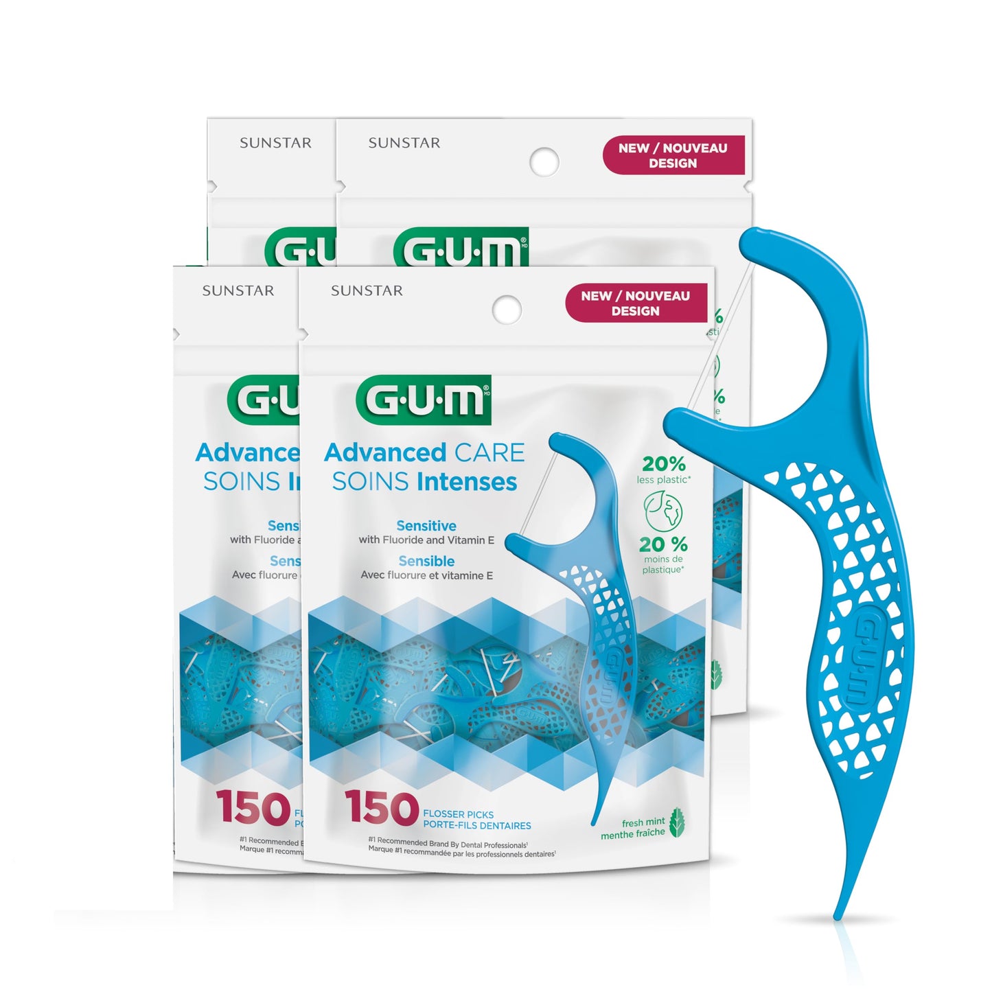 GUM - 888DF Advanced Care Flossers, Fresh Mint Dental String Floss Picks, Vitamin E & Fluoride, 600 Count