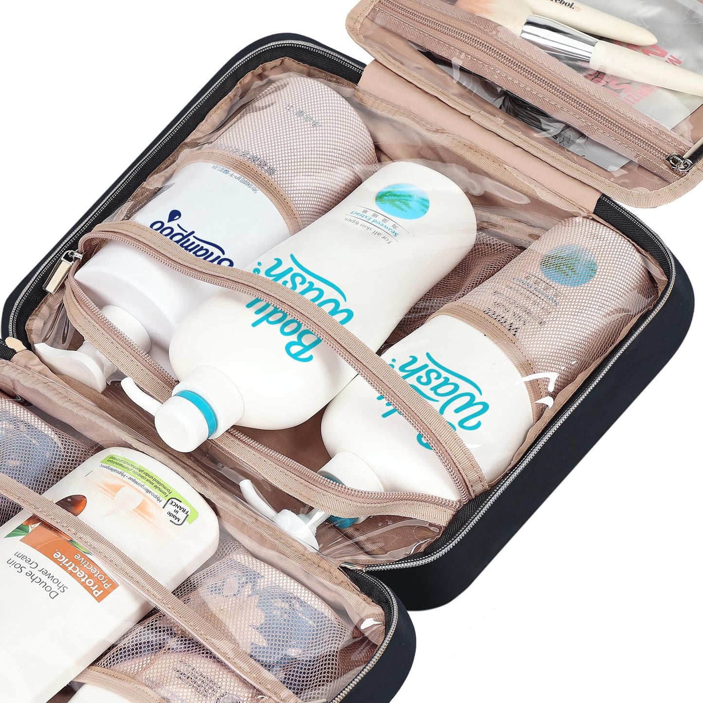 NISHEL Travel Toiletry Bag for Women, Portable Hanging Organizer for Full-Sized Shampoo, Conditioner, Brushes Set, Makeup Accessories, Large Size, Black 🍁 All In One Marketplace Canada