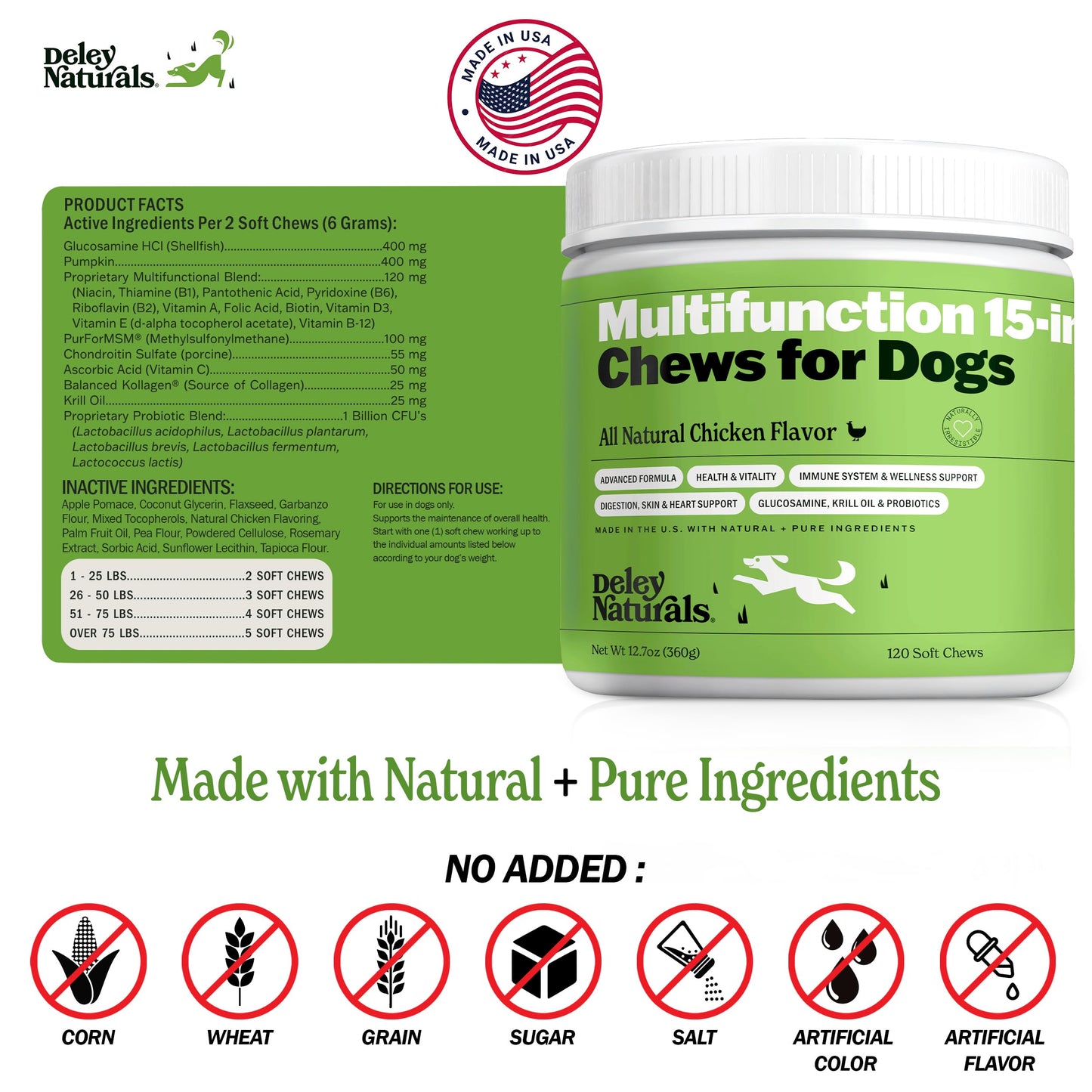 Deley Naturals Dog Multivitamins Chewable - 15 in 1 Dog Vitamins and Supplements for Immune System, Skin, Joint Support & Digestion - Multivitamin with MSM, Glucosamine & Chondroitin for All Ages - Available at All In One Marketplace Canada