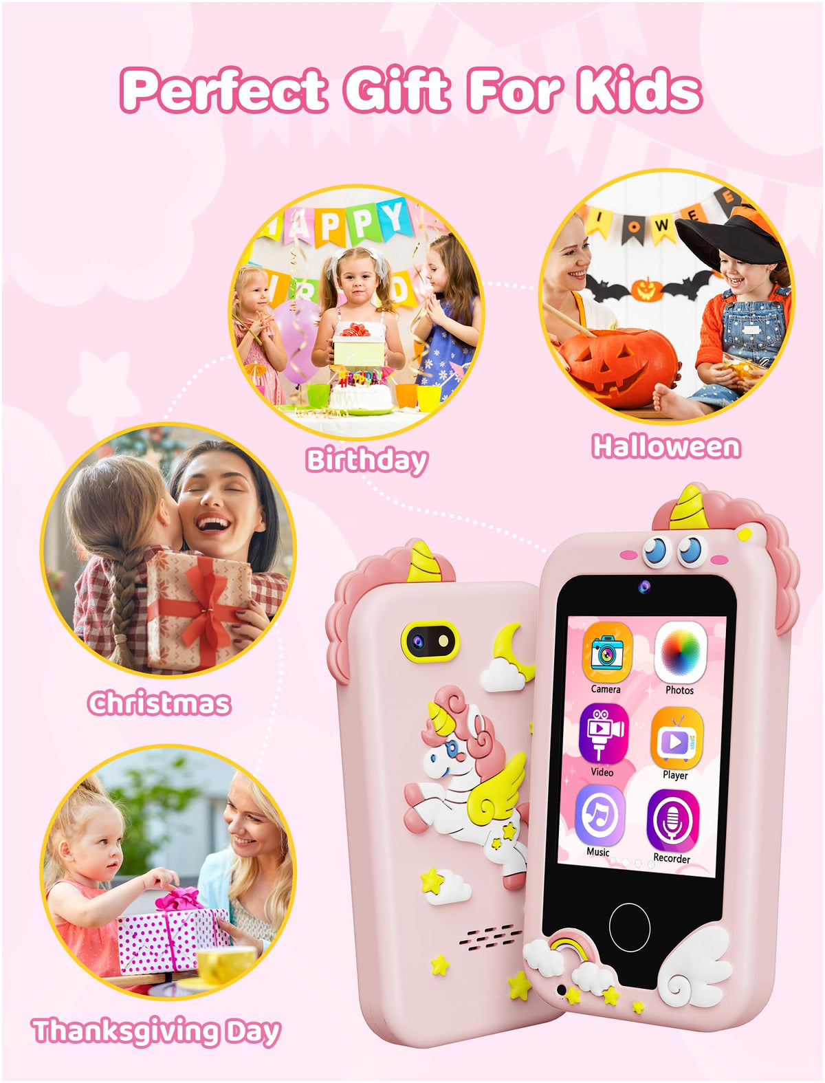 Kikidex Kids Smart Phone for Girls, Perfect Christmas Birthday Gifts for 3-8 Year Old Kids, Touchscreen Learning Play Toy Smartphone with Dual Camera, Puzzle Game, Music Player (Pink) 🍁 All In One Marketplace Canada