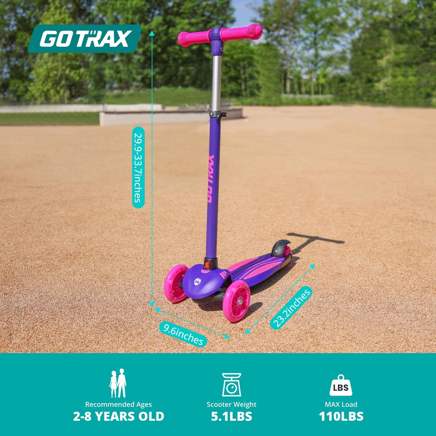 Gotrax KS1 Kids Kick Scooter, LED Lighted Wheels and 3 Adjustable Height Handlebars, Lean-to-Steer & Widen Anti-Slip Deck, 3 Wheel Scooter for Boys & Girls Ages 3+ and up to 100 Lbs (Purple)