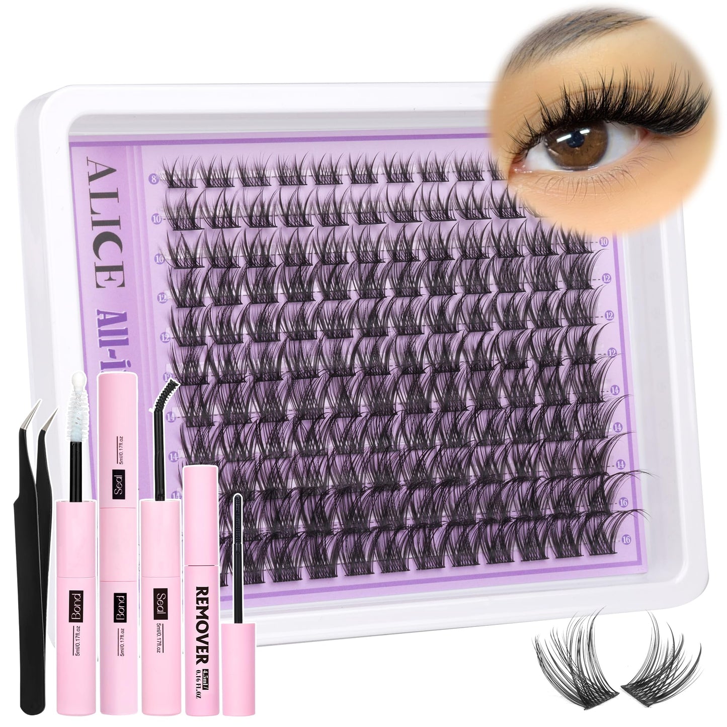 Wispy Lash Clusters Kit Natural Lash Extensions Kit DIY Cluster Eyelash Extensions C Curl 8-16mm Individual Lashes with Lash Remover Bond and Seal Soft Thin Band by ALICE - Available at All In One Marketplace Canada