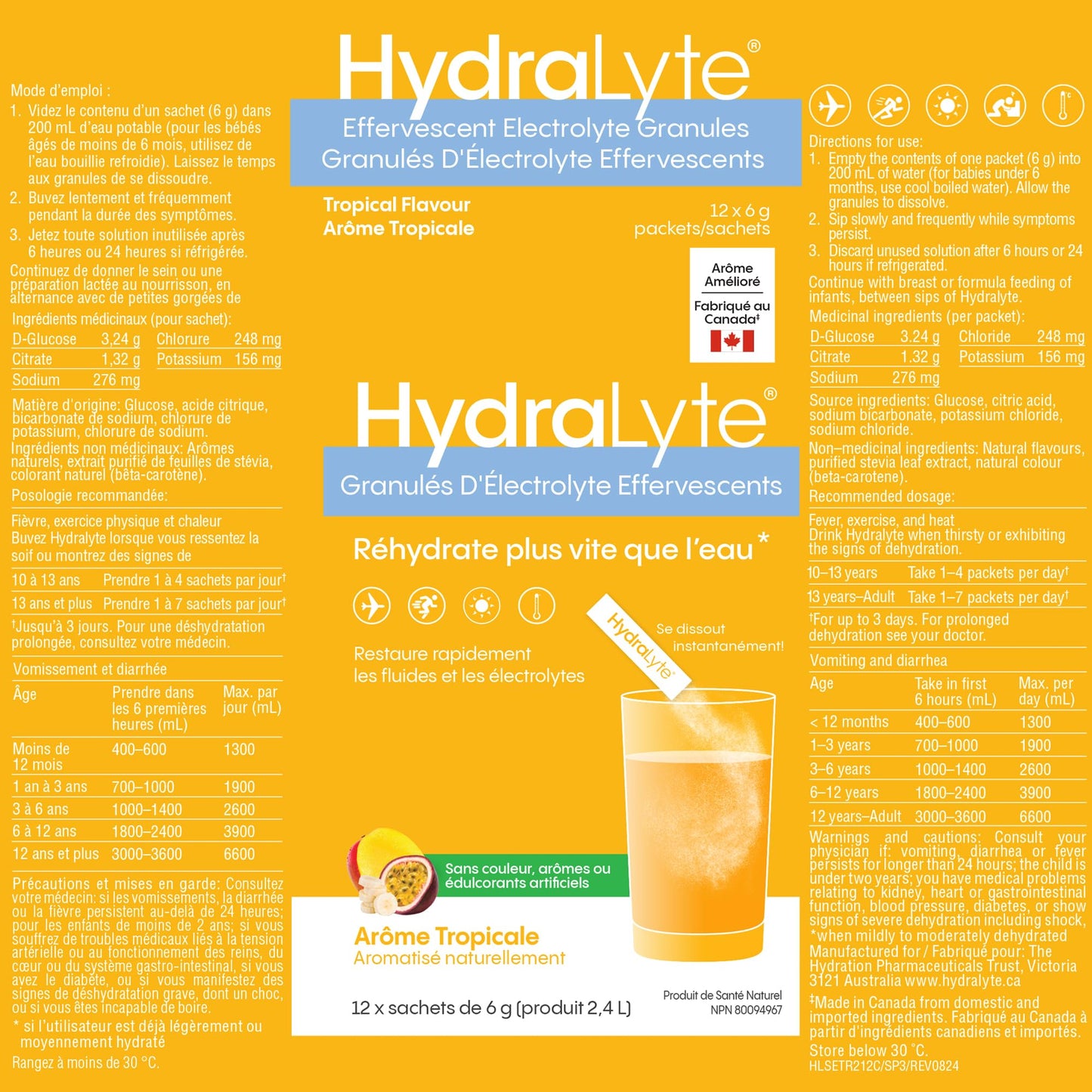 HydraLyte Electrolyte Powder, Manufactured in Canada - Tropical Flavour - Low Sugar Hydration Packets for All Ages - Made with All Natural Ingredients, 12 Servings ๐ All In One Marketplace Canada