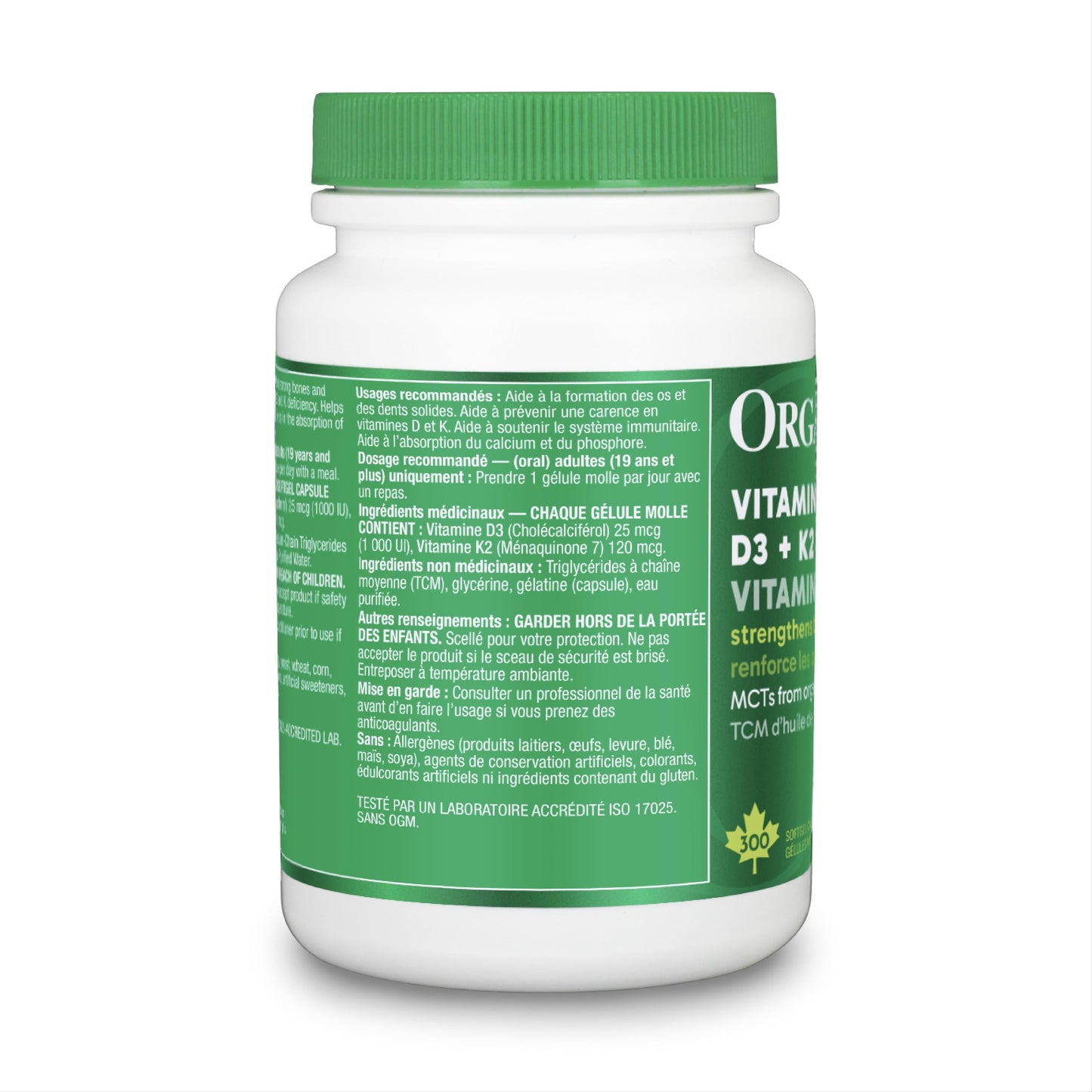 Organika Vitamin D3 + K2 (MK7)- 1000IU D3 and 120mcg K2 per capsule- High Potency, Supports Healthy Immune Function and Bones + Teeth- 300sftgl