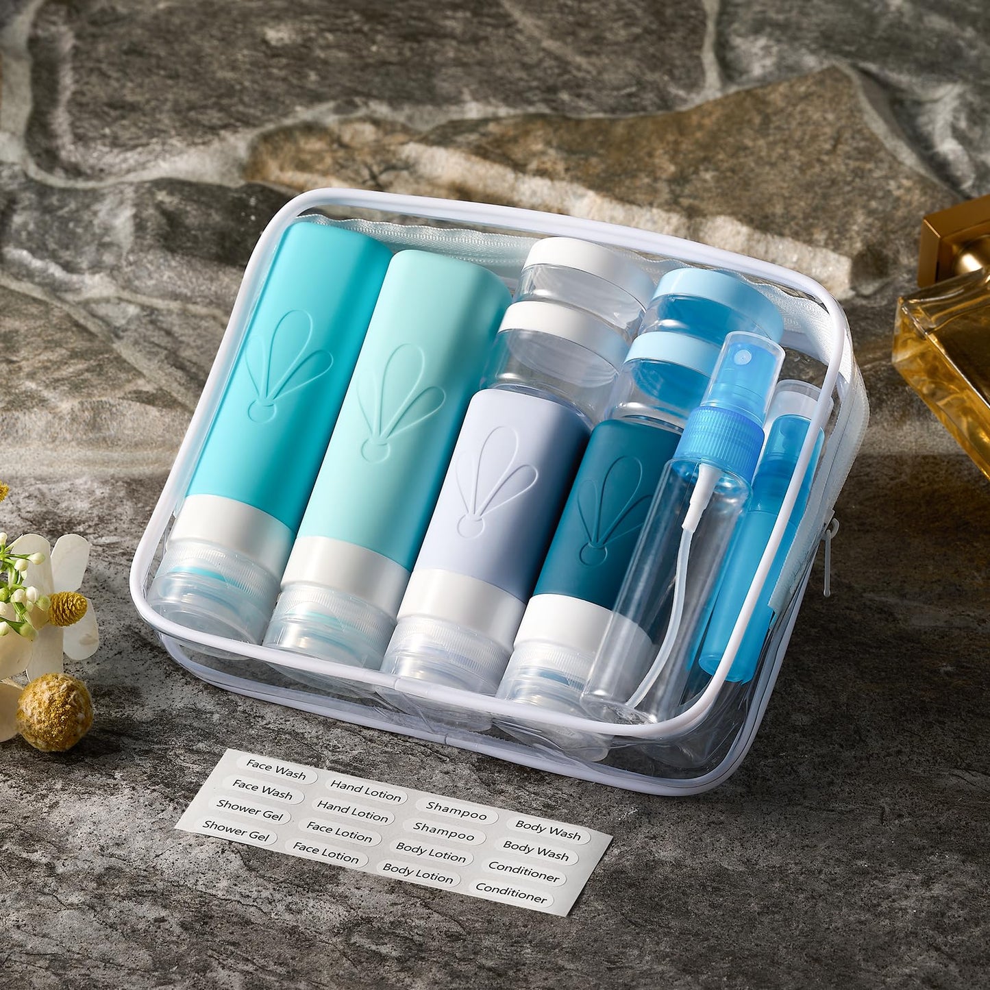 INSFIT 17 Pack Travel Bottles for Toiletries, TSA Approved 90ml 60ml Travel Size Toiletries, BPA Free Leak Proof Squeezable Silicone Tubes Travel Essentials for Shampoo Conditioner Lotion Soap - Available at All In One Marketplace Canada