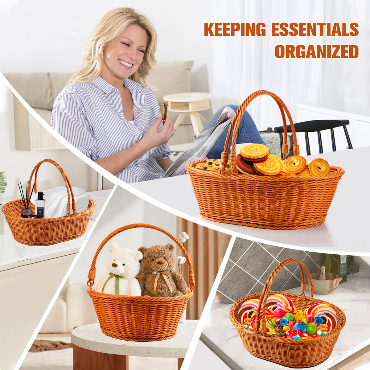 Boensi Wicker Basket with handle, 38x28x12cm Gift basket empty/Fruit Basket – Perfect for Kitchen Storage,Christmas Gift,Table Centerpieces, Serving Bread, Fruit & Vegetable 🍁 All In One Marketplace Canada