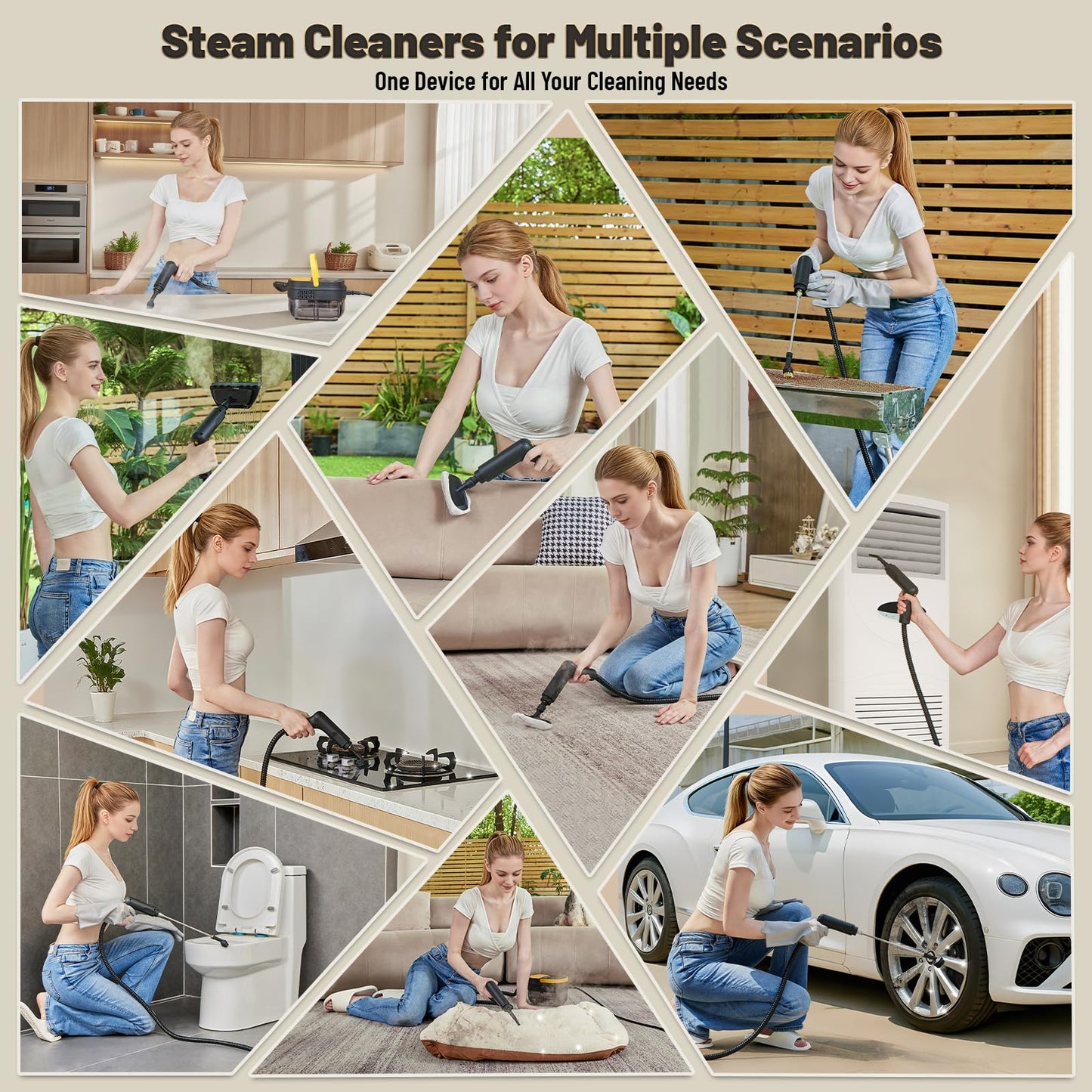Gautye Steam Cleaner, 3 Level Adjustable Handle with 15 Accessories - Available at All In One Marketplace Canada