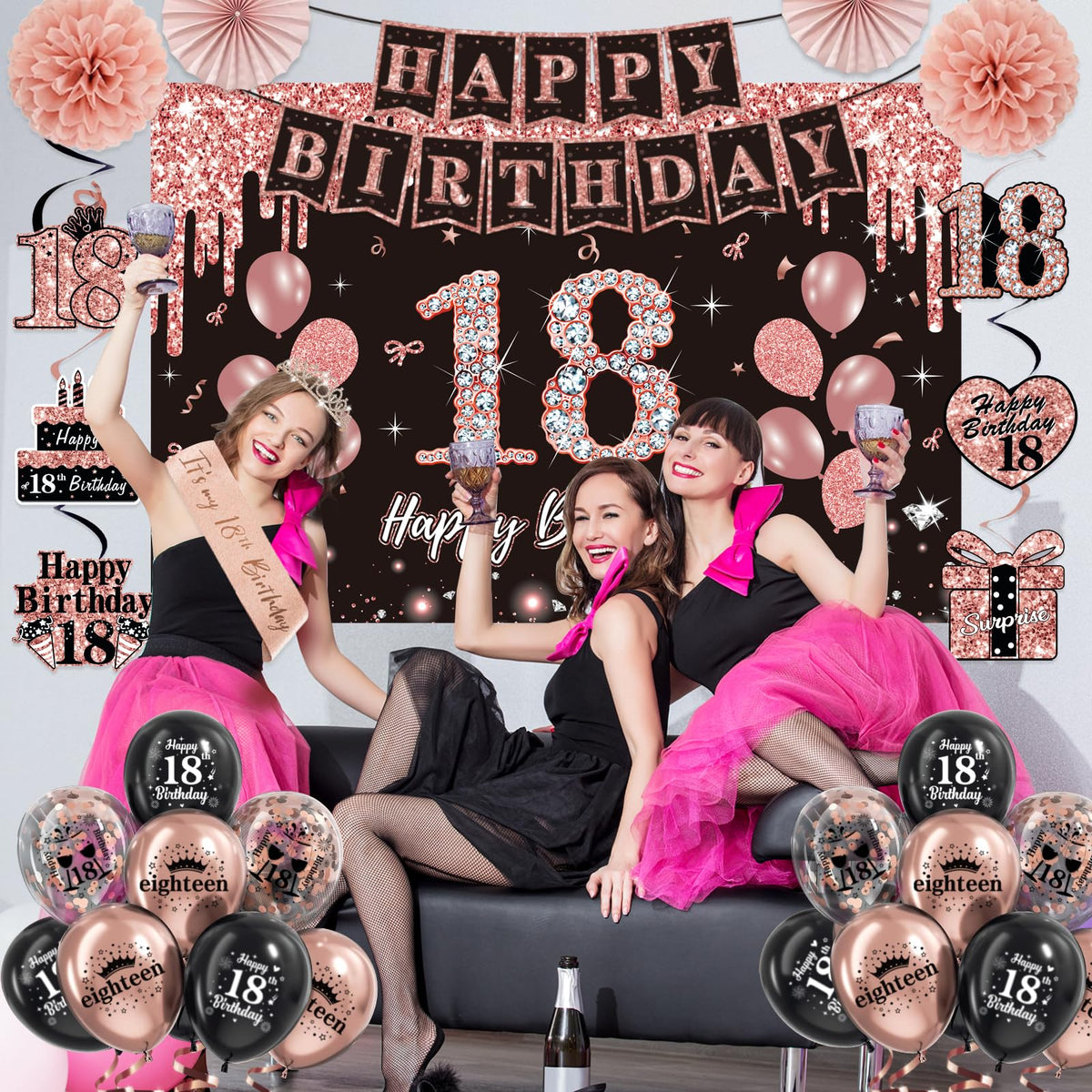 50Pcs 18th Birthday Decorations for Her, Rose Gold&Black Pre-Assembled Set. 🍁 All In One Marketplace Canada