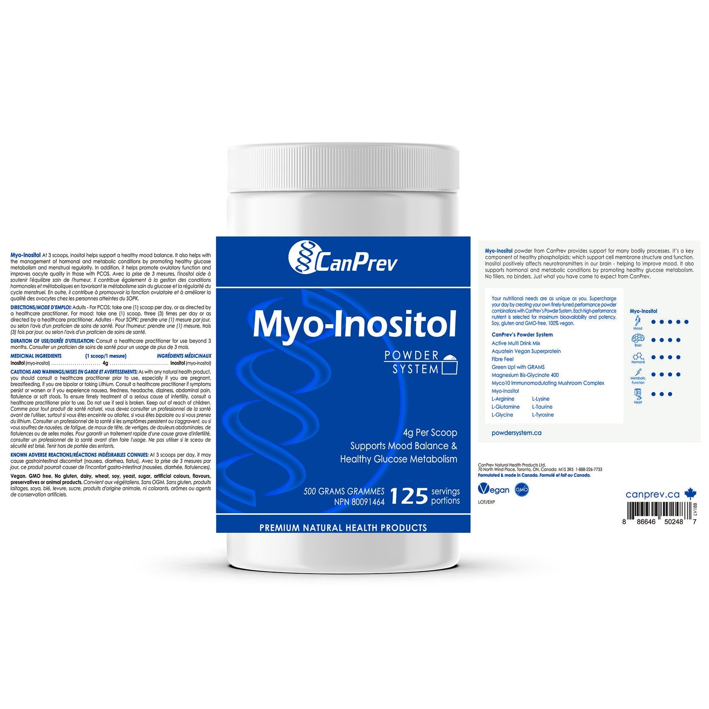 CanPrev Myo-Inositol Powder 500g, 125 Servings, PCOS Supplement for Women, Supports Glucose Metabolism, Ovulatory Function, Cellular Health and Wellness - Available at All In One Marketplace Canada