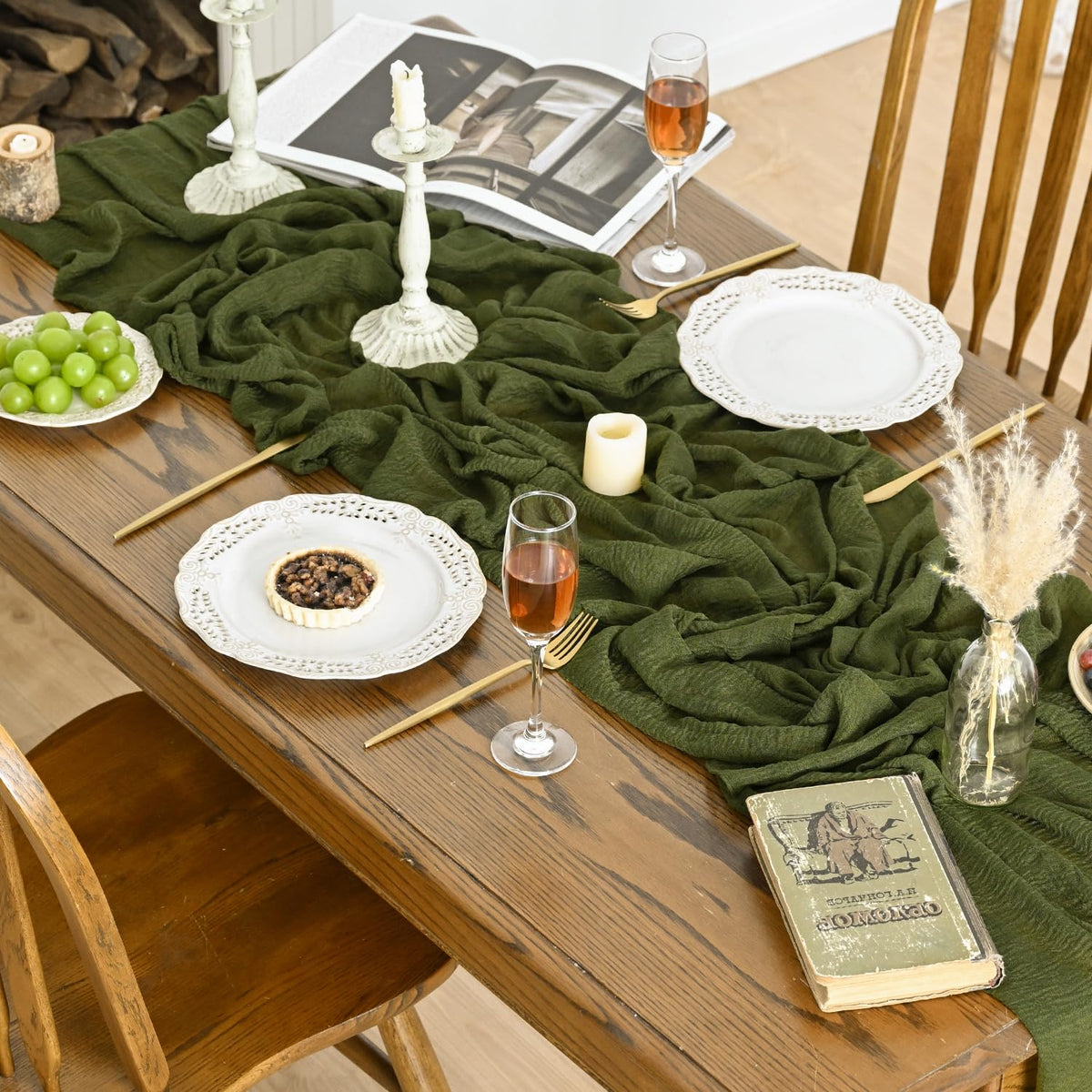 Artoid Mode Boho Cheesecloth Gauze Olive Green Wedding Table Runner, 300 cm Seasonal Fabric Kitchen Dining Holiday Table Decor for Home Party Indoor 🍁 All In One Marketplace Canada