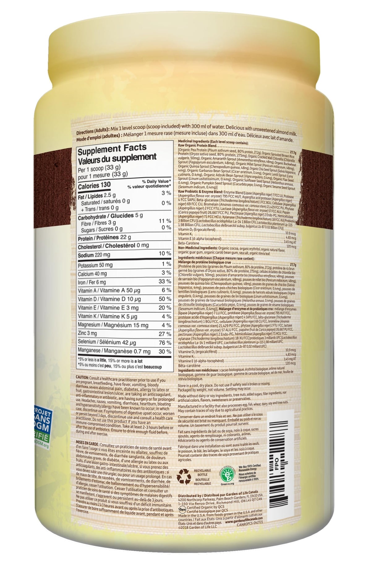 Garden of Life Raw Organic Protein, Chocolate, 664g. Packed with 22 Grams of Certified Organic Plant Protein, including organic peas grown and processed in Canada.