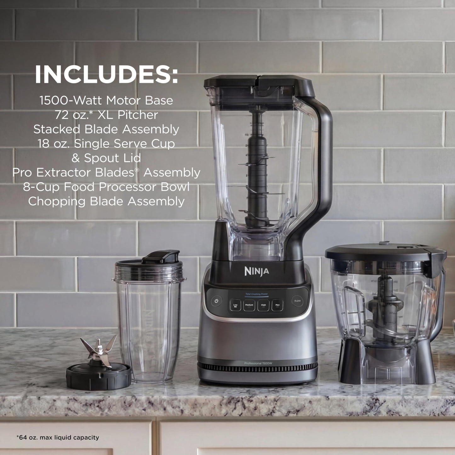 Ninja UltraCrush Pro Kitchen System, 1500W, Silver, BP401C, 72oz/2.1L Ninja