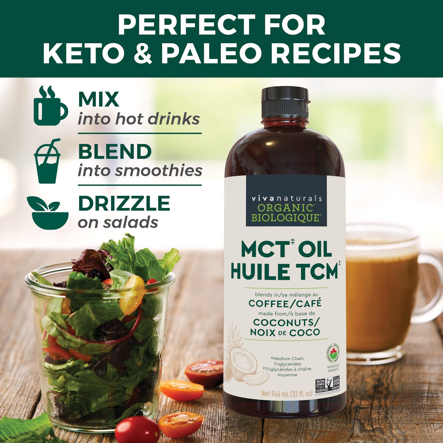 Viva Naturals MCT Oil Organic for Keto Coffee, Smoothies and Salad Dressings - Made from Organic Coconuts - Gluten Free, Dairy Free, Vegan, Keto & Paleo Certified - (946 mL, 32 fl oz) Viva Naturals