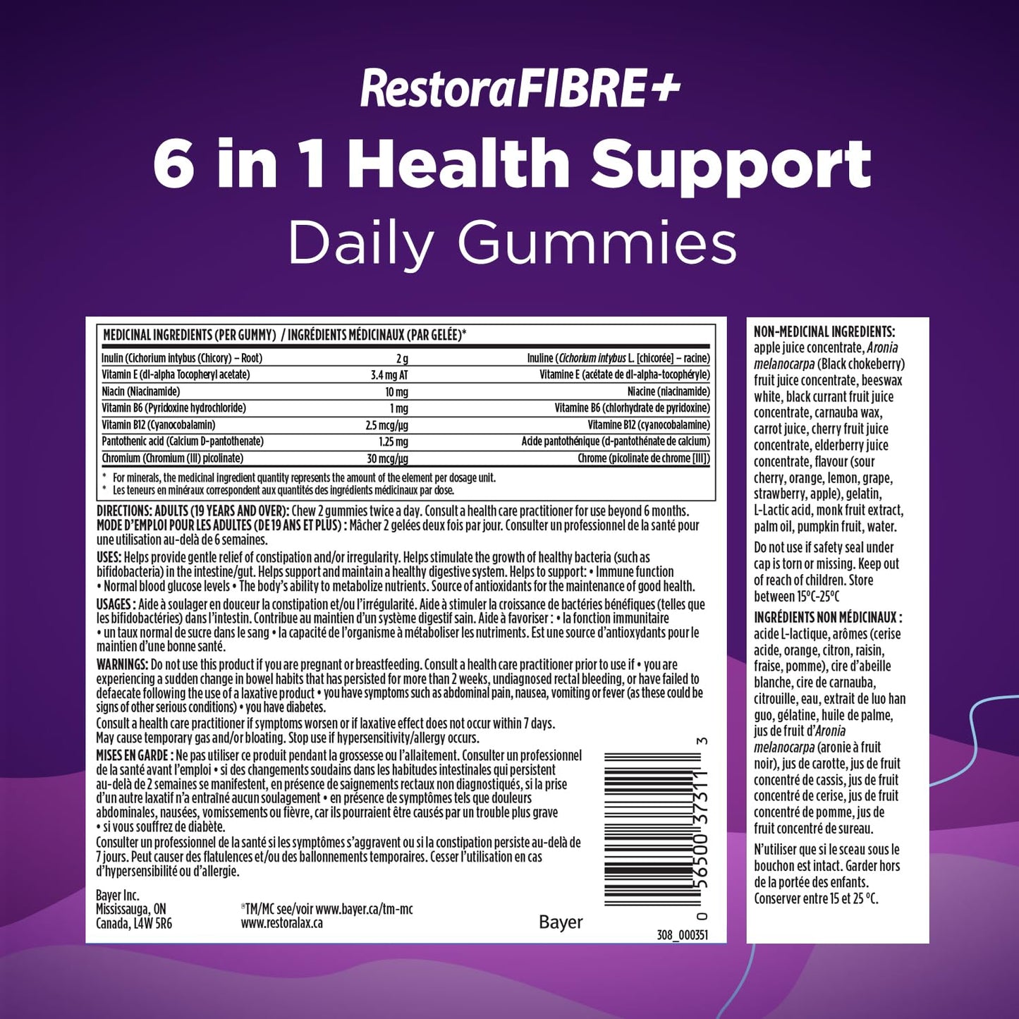 RestoraLAX RestoraFIBRE+ 6 in 1 Daily Prebiotic Fibre Supplement Gummies for Adults, Supports Health Benefits, including Regularity, Gentle Constipation Relief & Healthy Immune Function with Naturally Sourced Inulin (115 ea) - Available at All In One Marketplace Canada