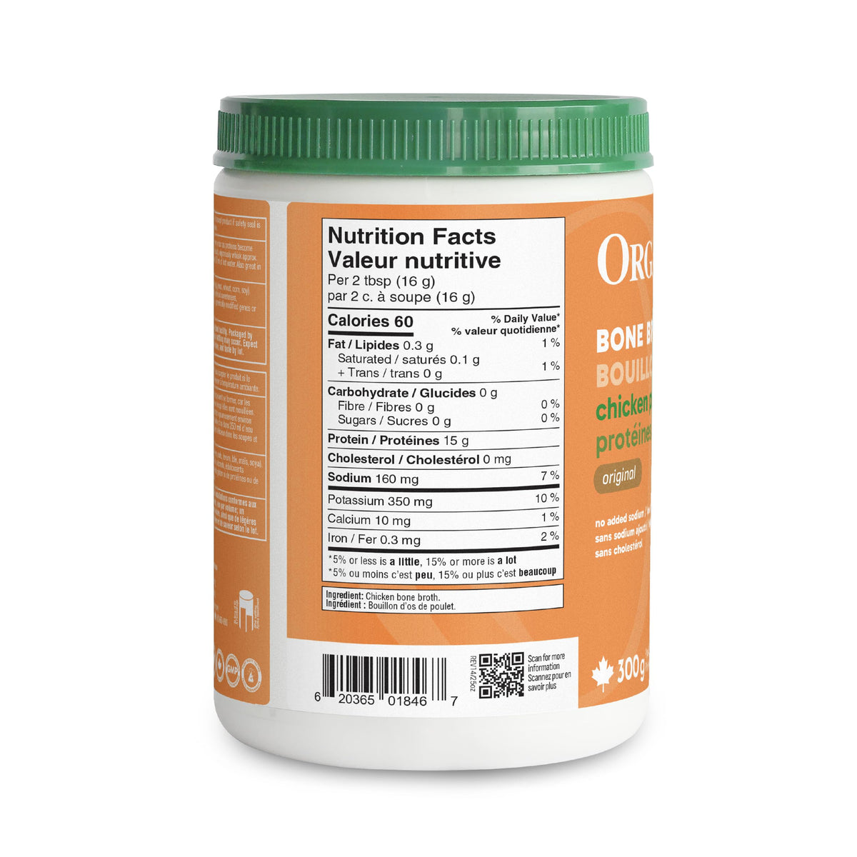 Organika Canadian-Made Chicken Bone Broth Powder 300g - 15g Protein/Serving