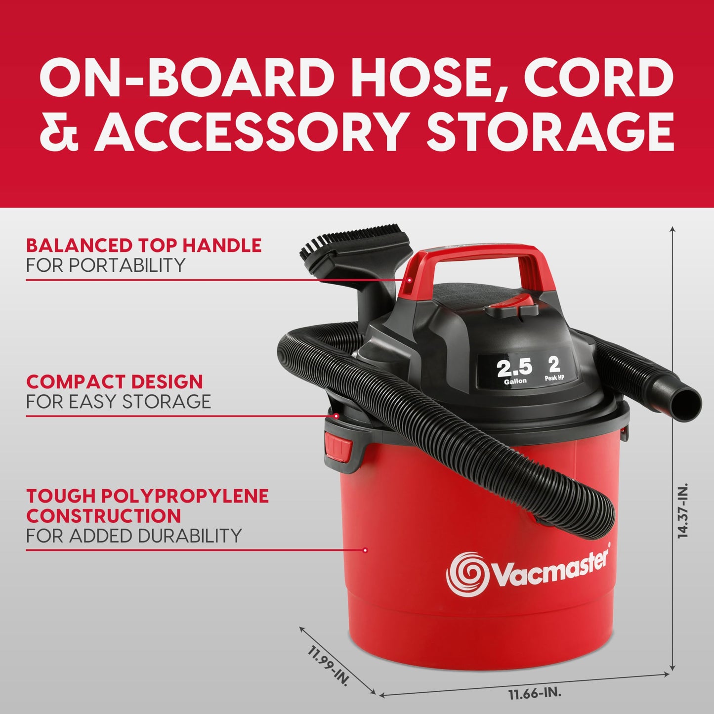 Vacmaster Red Edition VOM205P 1101 Portable Wet Dry Shop Vacuum 2.5 Gallon 2 Peak HP 1-1/4 inch Hose 🍁 All In One Marketplace Canada