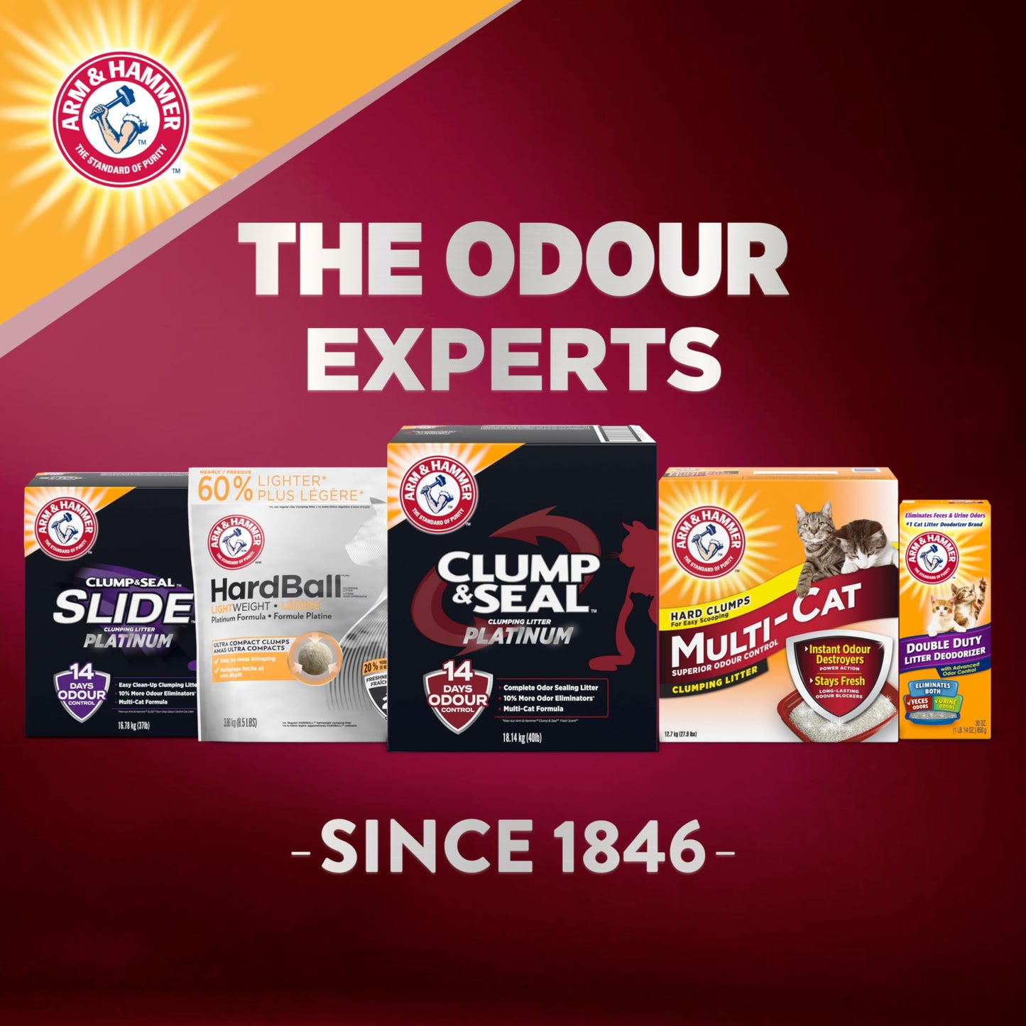 ARM & HAMMER Platinum Cat Litter, Clump & Seal, EXTRA STRENGTH Complete Odour Sealing with 14 Days of Odour Control, Multi-Cat, Hard Clumping Clay, 99.99% Dust Free, 18.14kg