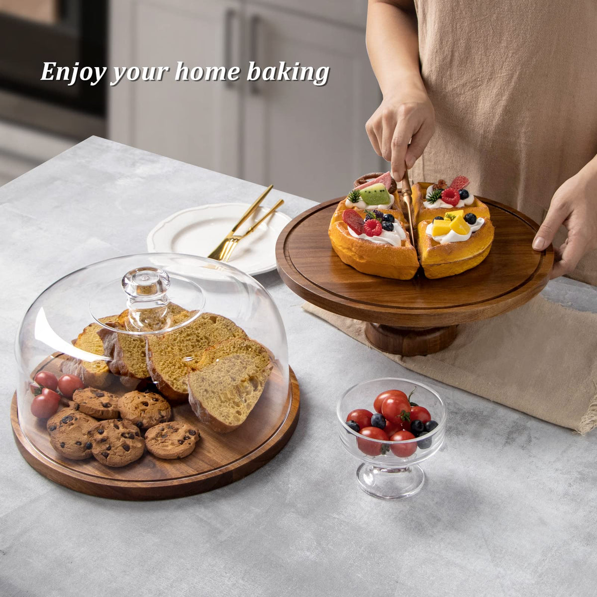 ANBOXIT Cake Stand with Dome Lid, Acacia Wood Cake Plate with Cover, Wooden Cake Display Stand with Acrylic Dome - Footed 🍁 All In One Marketplace Canada