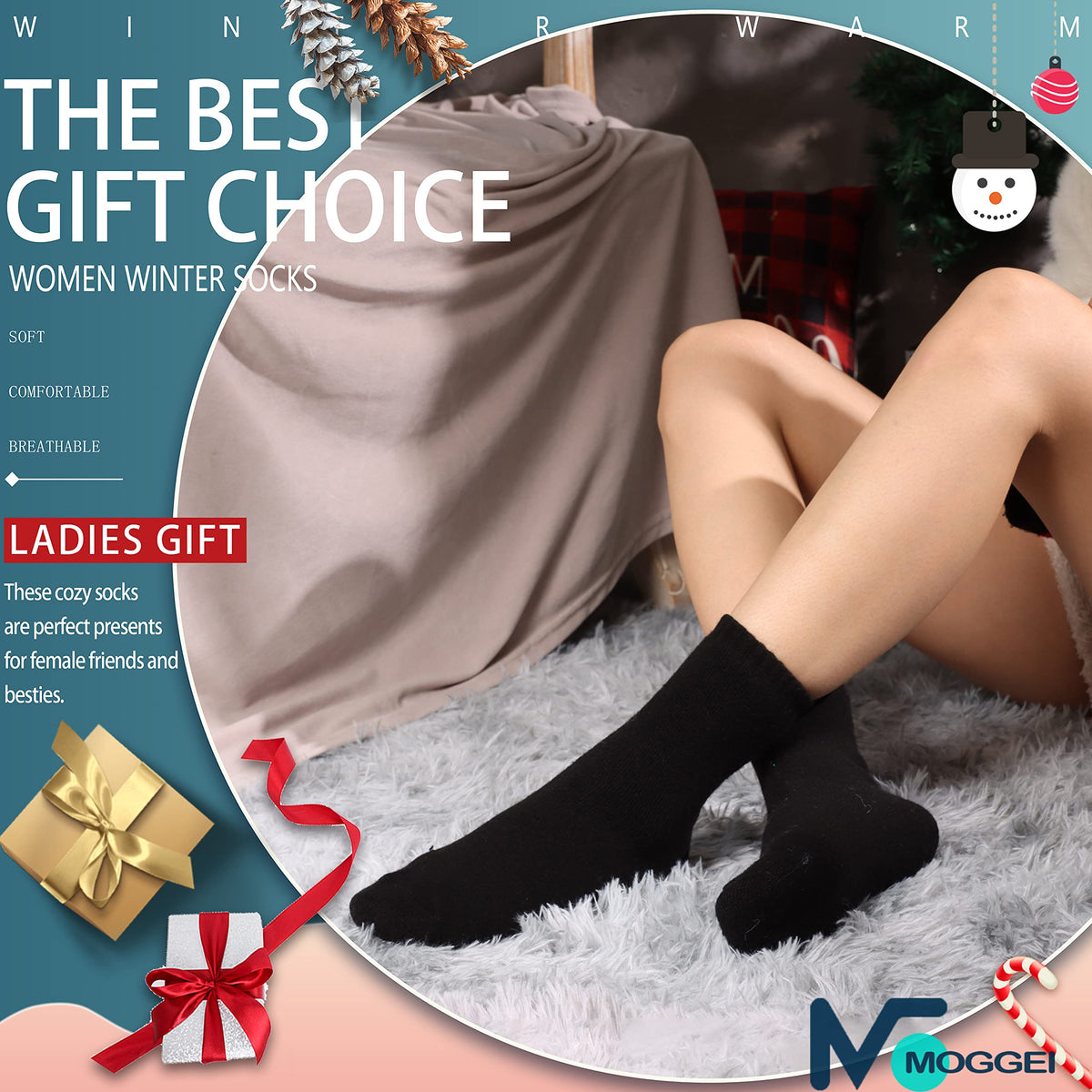 MOGGEI Womens Merino Wool Socks for Hiking Thermal Warm Thick Winter Cozy Crew Cabin Ladies Comfy Work Gift Boot Socks 5 Pairs (Black) 🍁 All In One Marketplace Canada