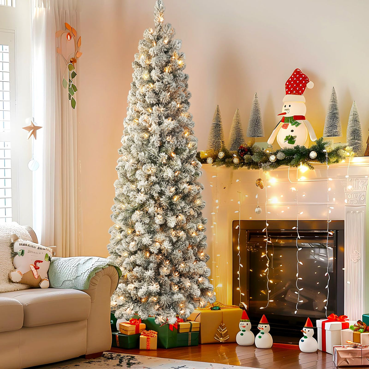 SHareconn 6.5ft Prelit Snow Flocked Artificial Slim Pencil Christmas Tree 🍁 All In One Marketplace Canada
