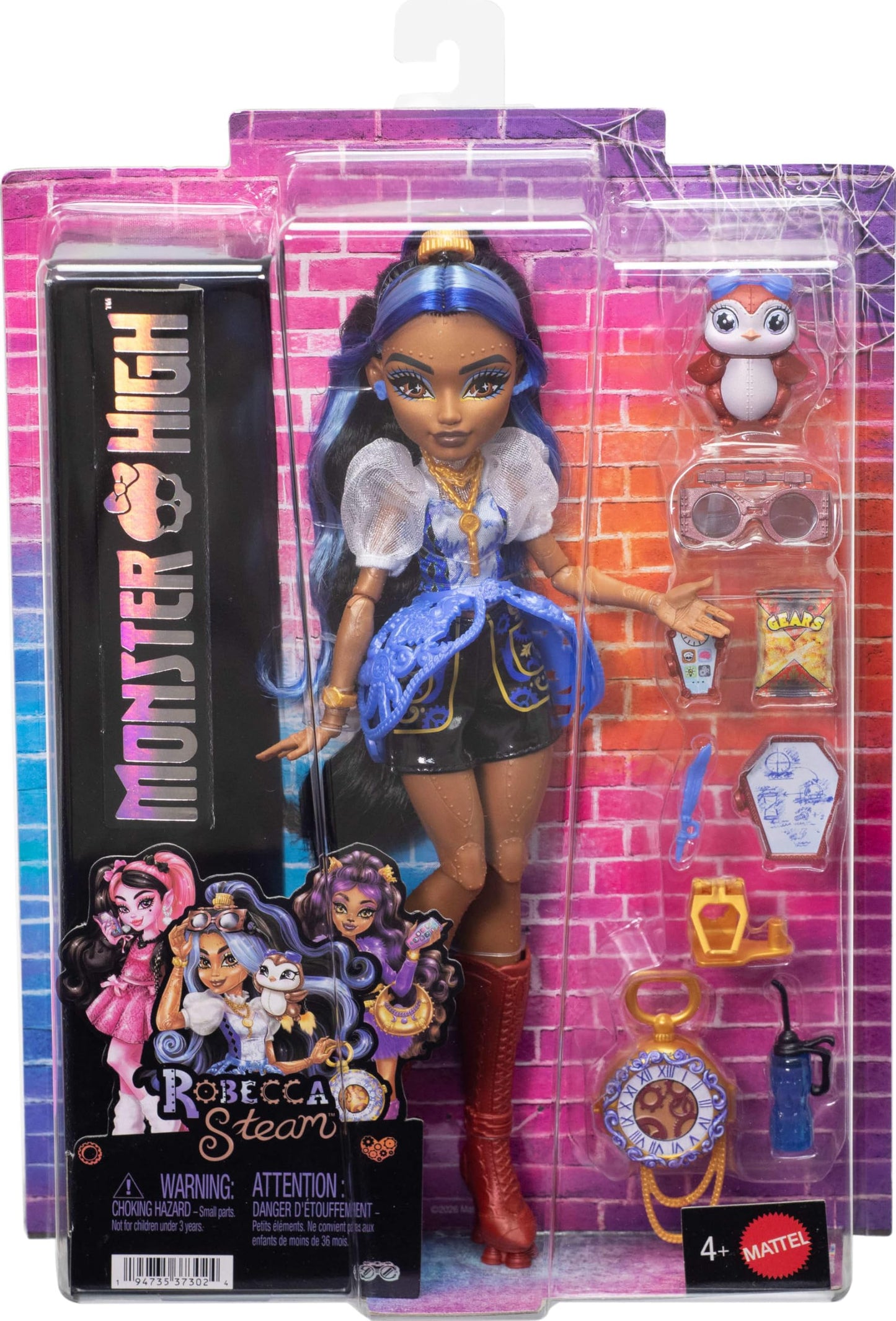 Monster High Doll, Robecca Steam in Blue Blouse and Black Shorts with Pet Penguin Captain Penny and 7 Accessories Like Flying Goggles and Purse 🍁 All In One Marketplace Canada