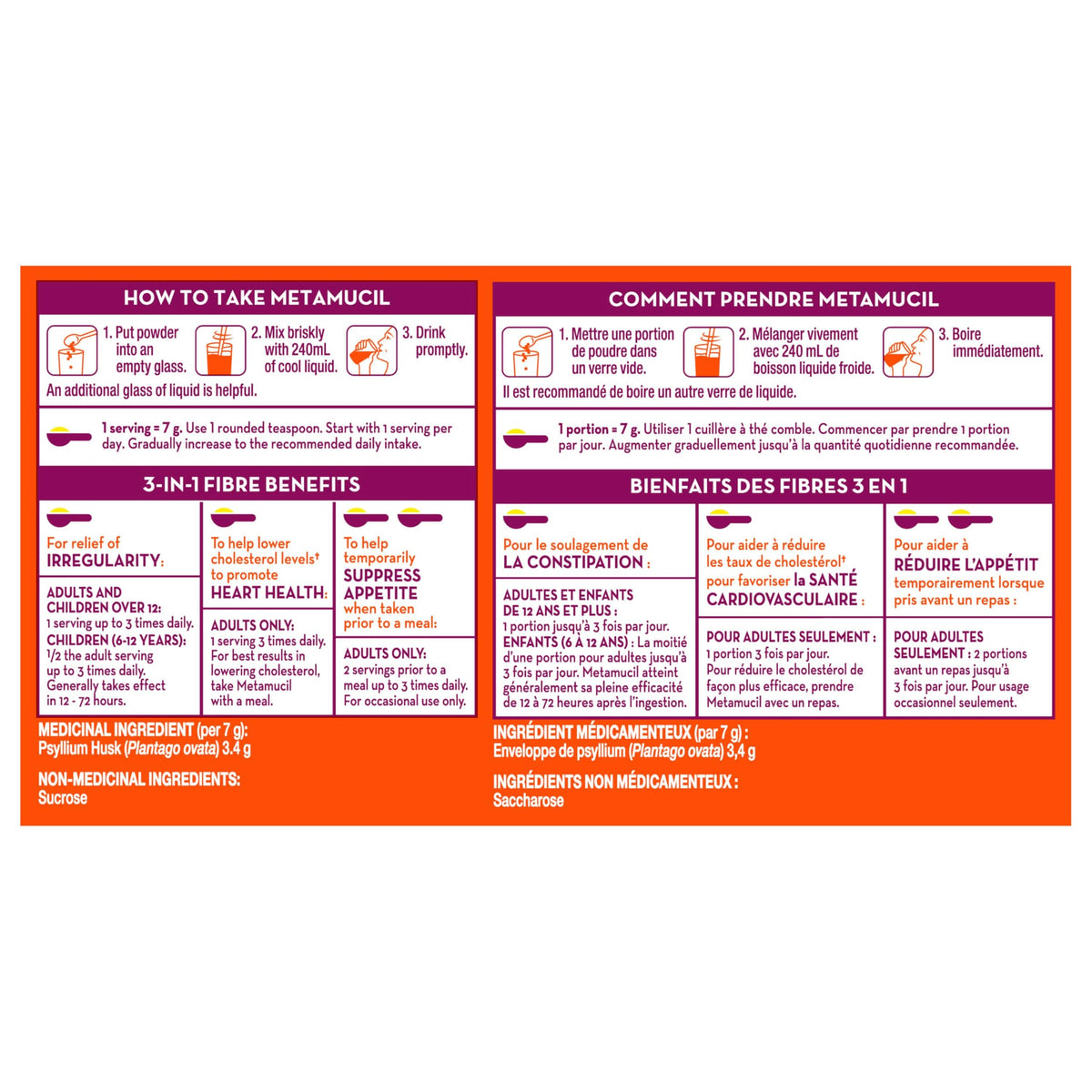 Metamucil Daily Fibre Supplement, Coarse with Real Sugar, Unflavored Psyllium Husk, Multi-Health Benefit Daily Fibre Supplement, Plant-Based, Gluten-Free Powder, 114 Servings
