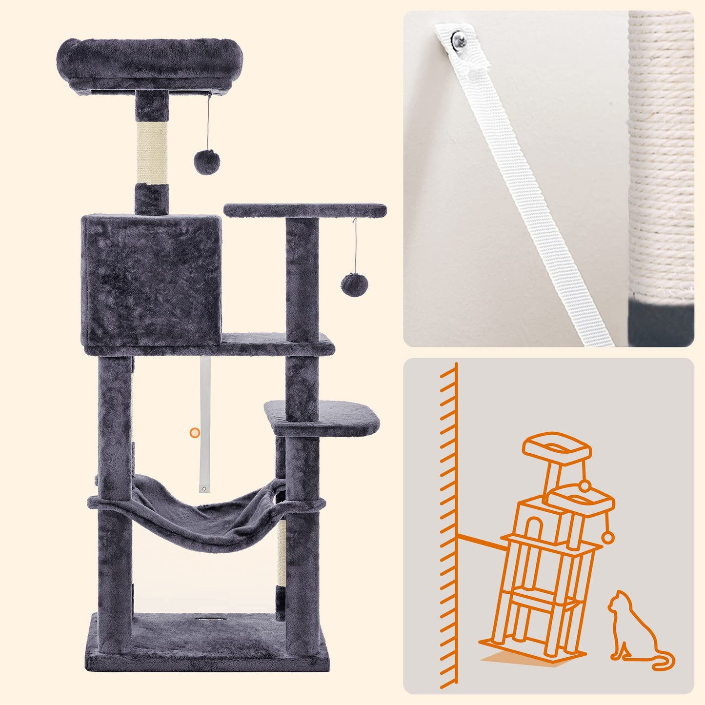 Feandrea Cat Tree Tower, 143 cm, 2 Perches, Hammock, Smoky Gray π All In One Marketplace Canada