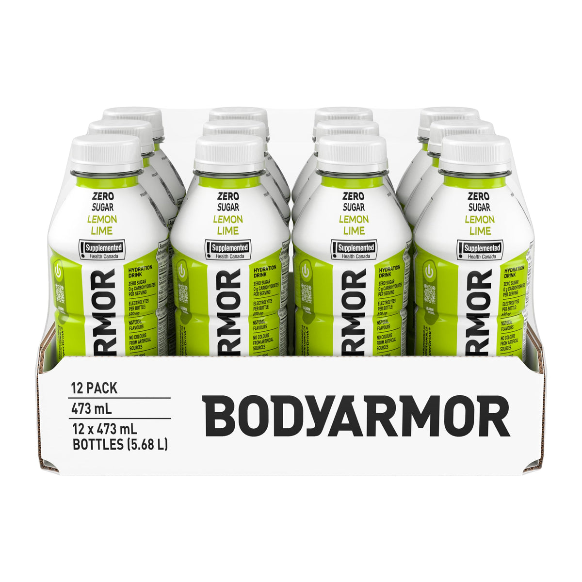 BODYARMOR Zero Sugar Lemon Lime, 473 mL Bottles (12 Pack) – Low-Calorie Sports Hydration Drink with Coconut Water, Potassium-Packed Electrolytes and Antioxidant Vitamins