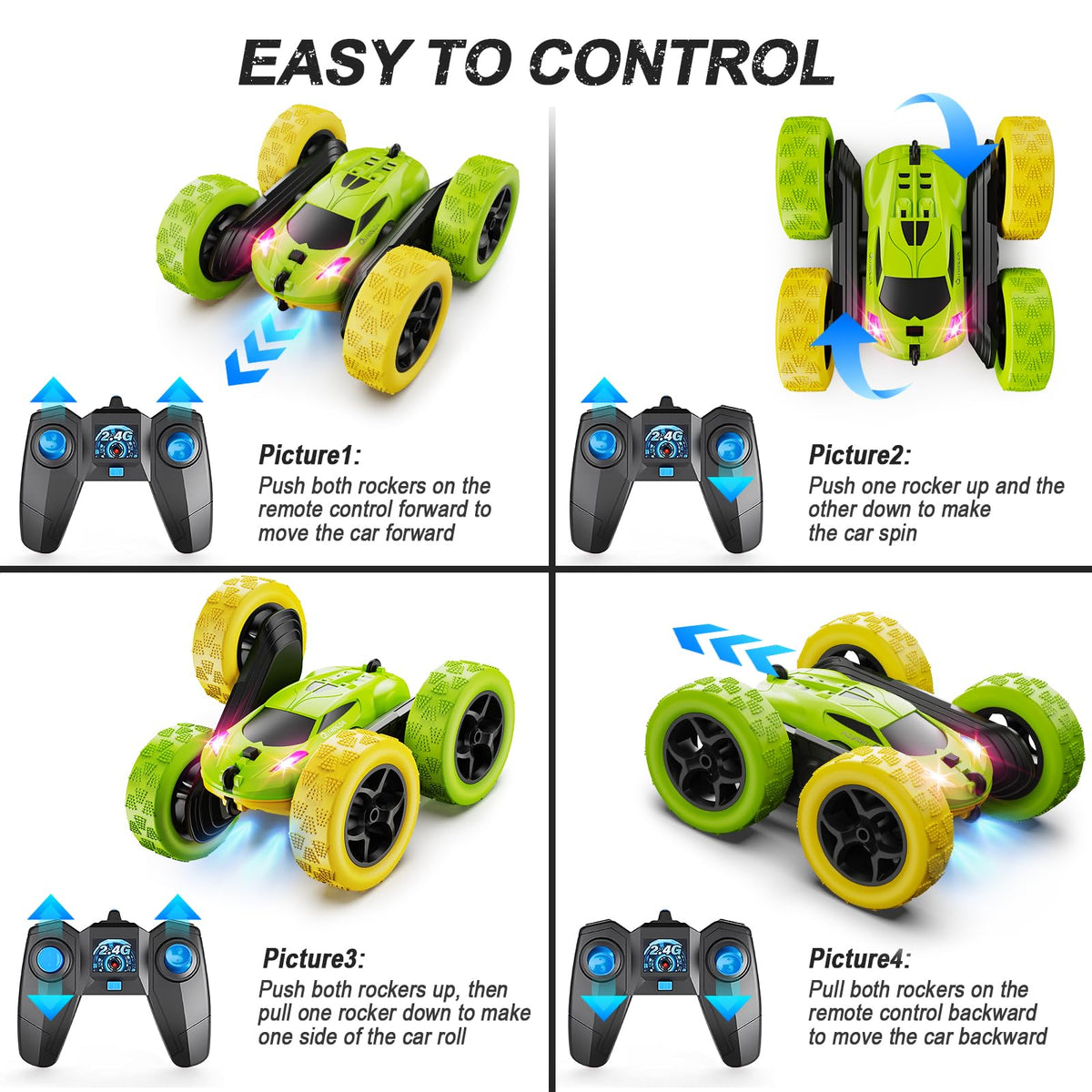 QUNREDA Remote Control Car, RC Car Toys for 6-12 Year Old Boys, Off Road RC Stunt Car 4WD 360° Rotating Remote Control Car for Kids, Boys Girls Gifts for Birthday, Christmas Yellow&Green 🍁 All In One Marketplace Canada