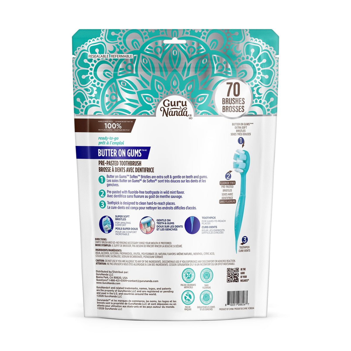 GuruNanda Disposable Travel Toothbrush 1.0, Fluoride Free Toothpaste, 70 ct