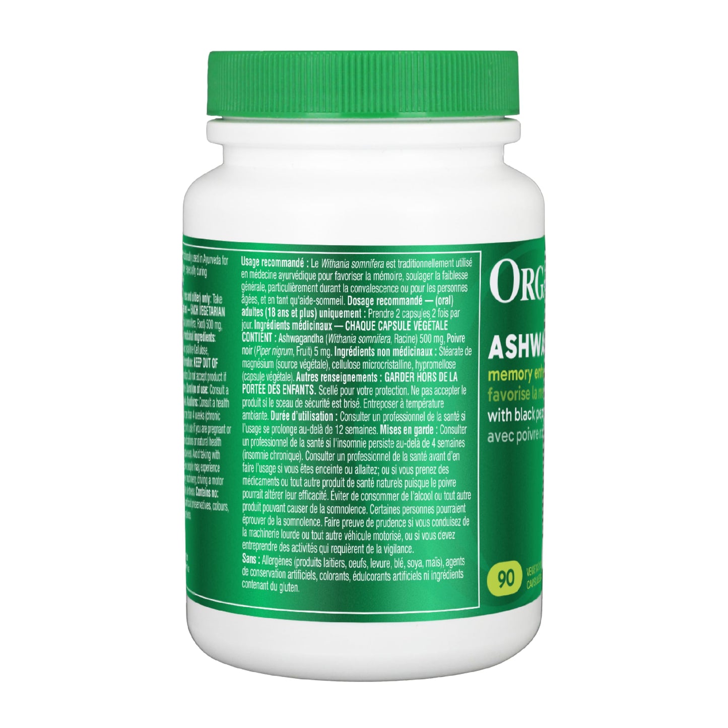 Organika Canadian-Made Ashwagandha with Black Pepper- Enhanced Absorption, Memory Support, Sleep Aid, Adaptogenic- 90vcaps Organika