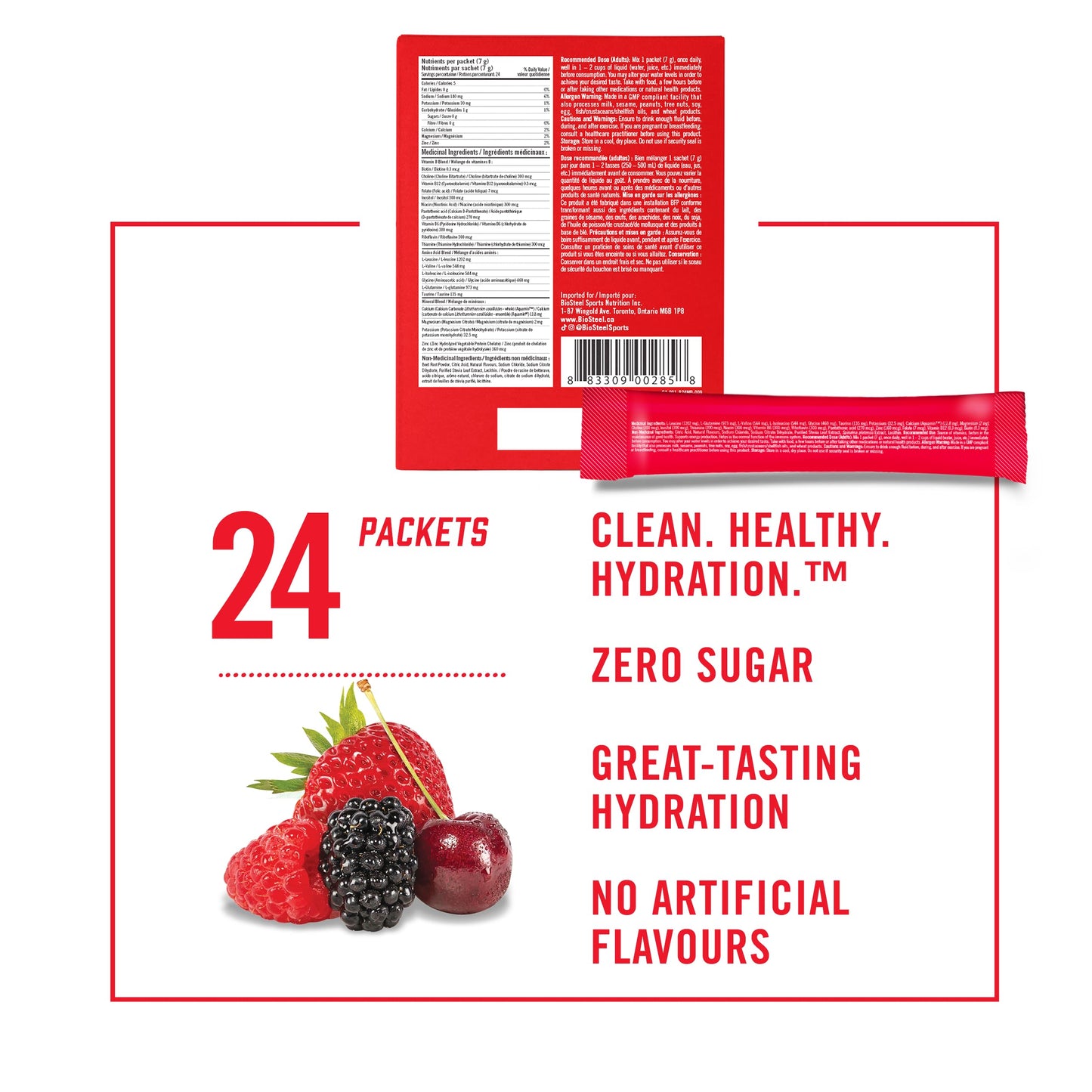 BioSteel Hydration Mix Mixed Berry - 24 Single Serving Packets | Sugar-Free Canadian Sports Drink