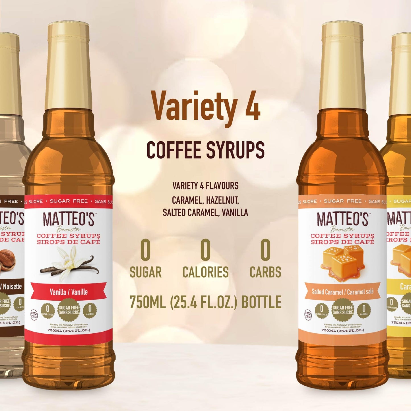 Matteo's Barista Style Sugar Free Coffee Syrup - 4 Flavor Variety Pack, Zero Calorie, Keto Friendly, 25.4oz