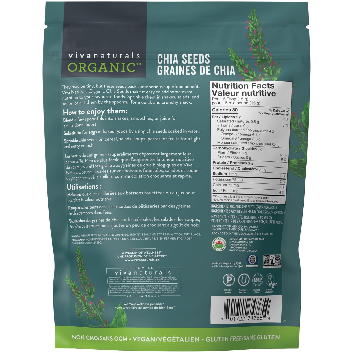 Viva Naturals Organic Chia Seeds, 2 lb – Plant-Based Omega-3s & 6s and Vegan Protein, Non-GMO, Black Chia Seeds Organic, Graine de Chia – Perfect for Smoothies, Salads, and Chia Seed Pudding