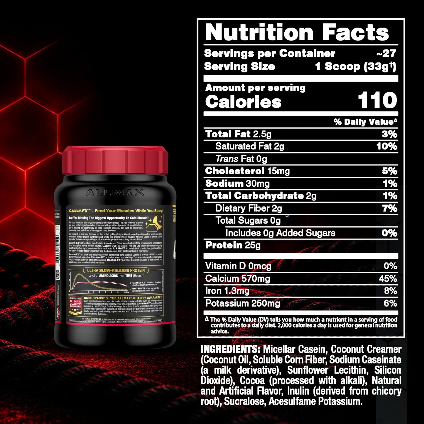 ALLMAX CASEIN-FX Casein Protein Powder, Chocolate, 2 lb, 27 Servings ALLMAX