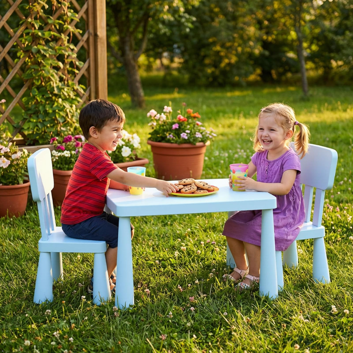 Costzon Kids Table and Chairs, 3 PCS Plastic Toddler Table Set (Blue)