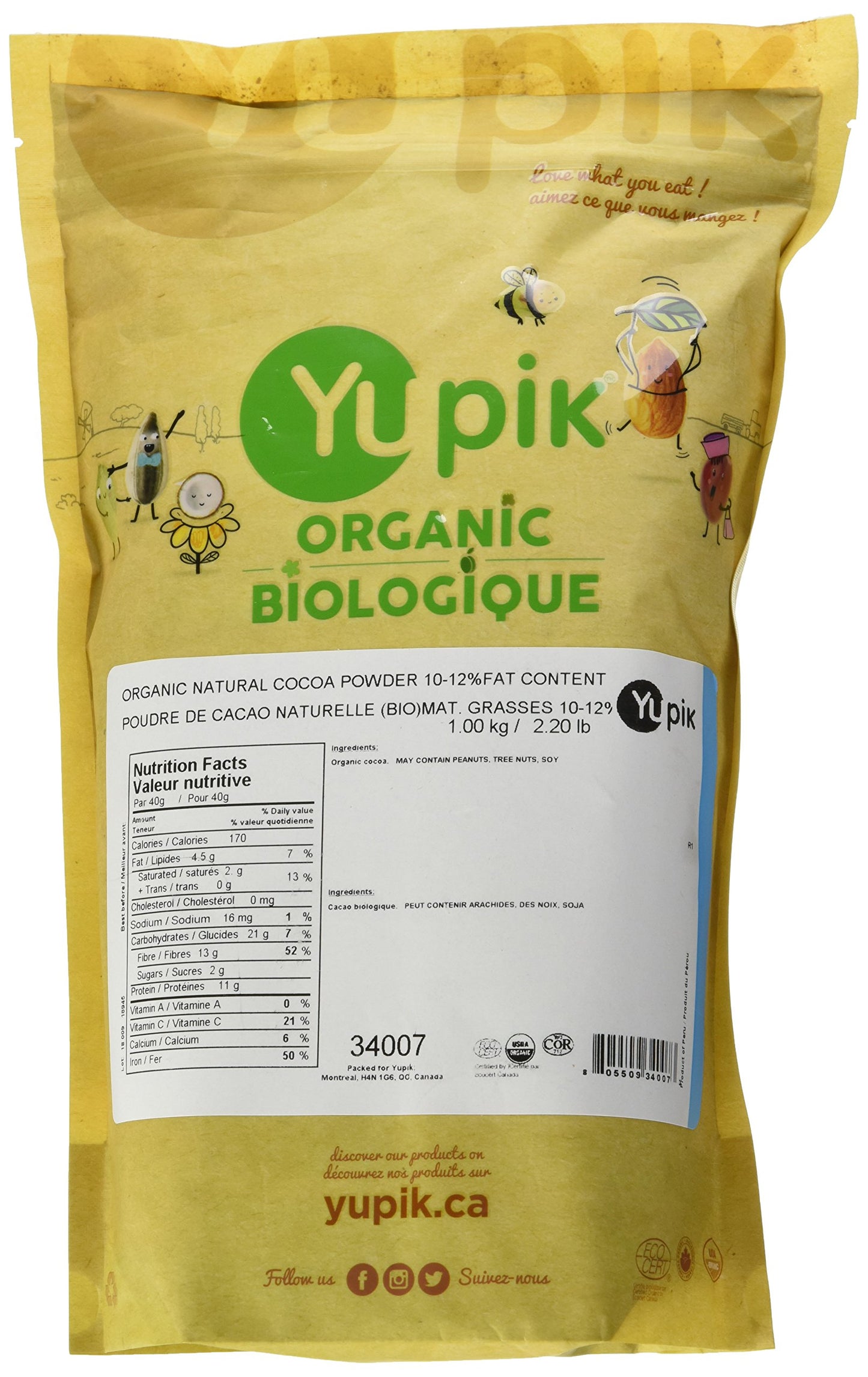 Yupik Organic Natural Cocoa Powder 1kg, USDA Certified, Gluten-Free, Vegan, Kosher, Non-GMO, Rich in Fiber & Antioxidants, Ideal for Sweet & Savory Recipes Yupik