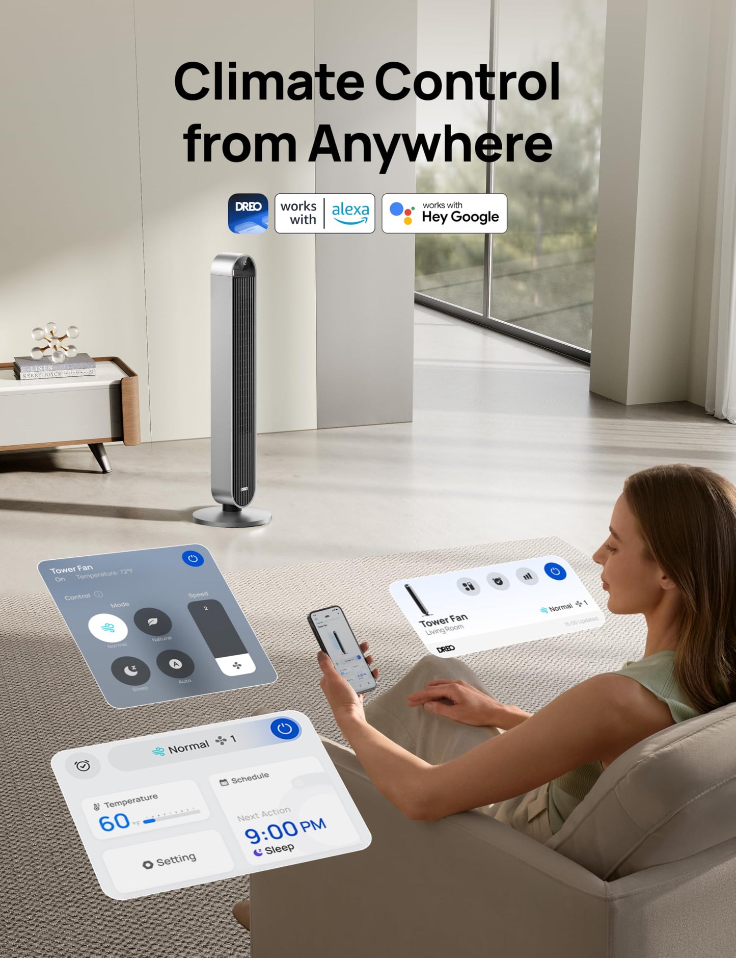 DREO Pilot Max 120° Oscillating Tower Fan, 42 Inch Bladeless Fan for Bedroom, 25dB Quiet DC Motor, Standing Fan with Remote, 12 Hyper Wind Speeds, 4 Modes, 12H Timer Floor Fans for Home Living Room DREO