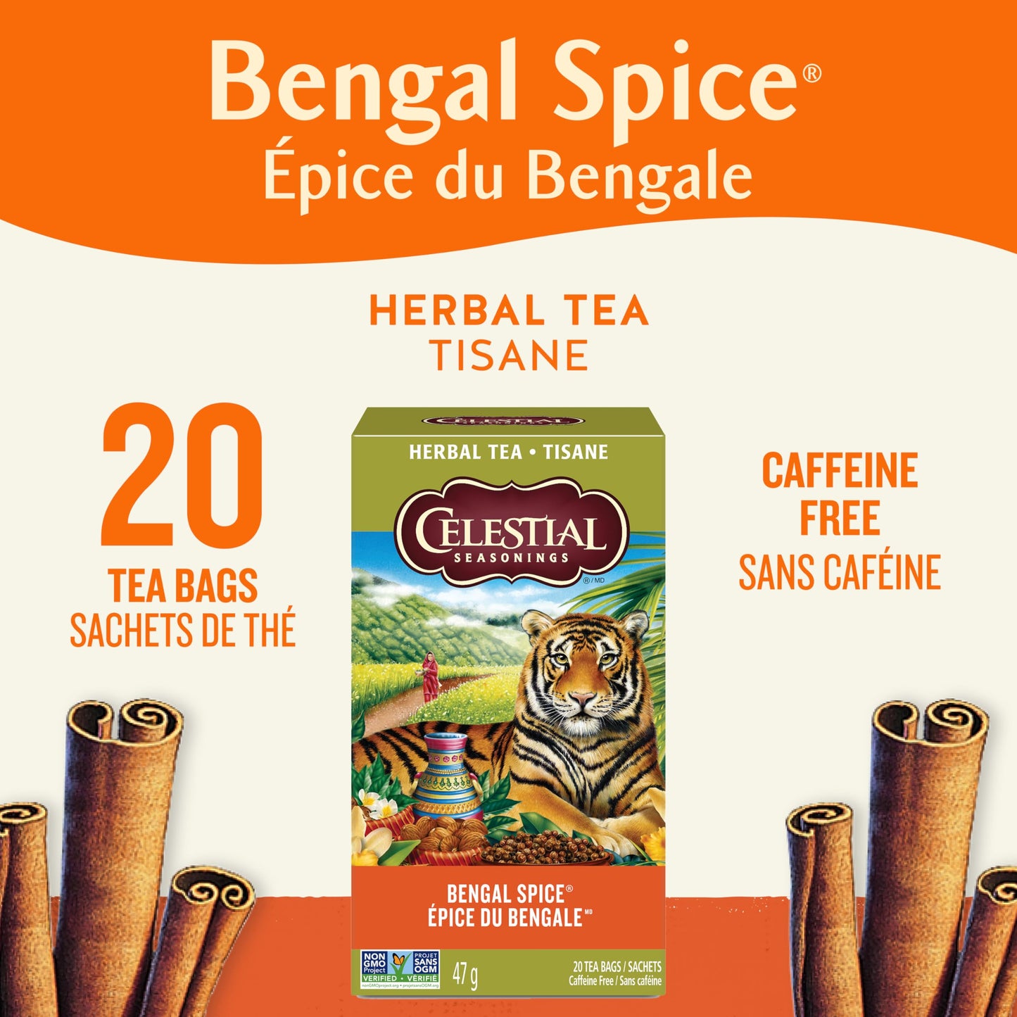 Celestial Seasonings Bengal Spice Herbal Tea, Caffeine Free, 20 Tea Bags Box, 6-Pack