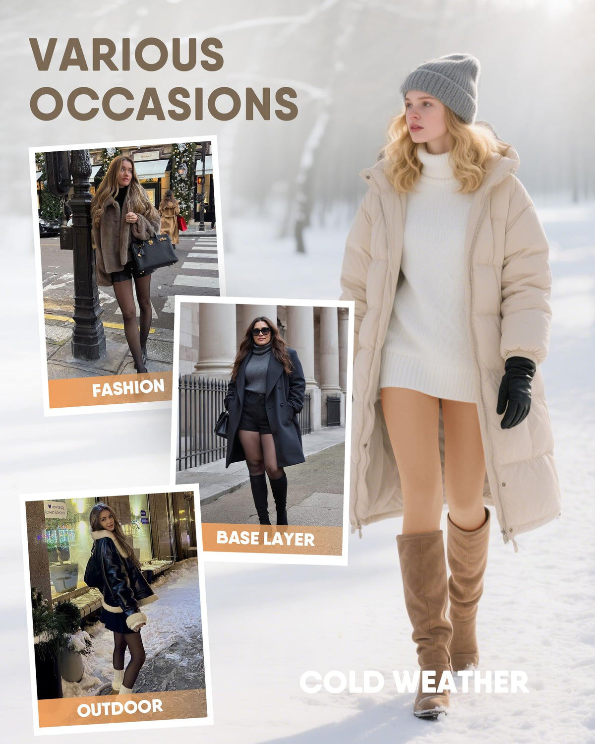 Fleece Lined Tights Women - Thermal Pantyhose for Winter Warm Thick Stockings with High Waist Fake Translucent Leggings Brown Large-X-Large 🍁 All In One Marketplace Canada