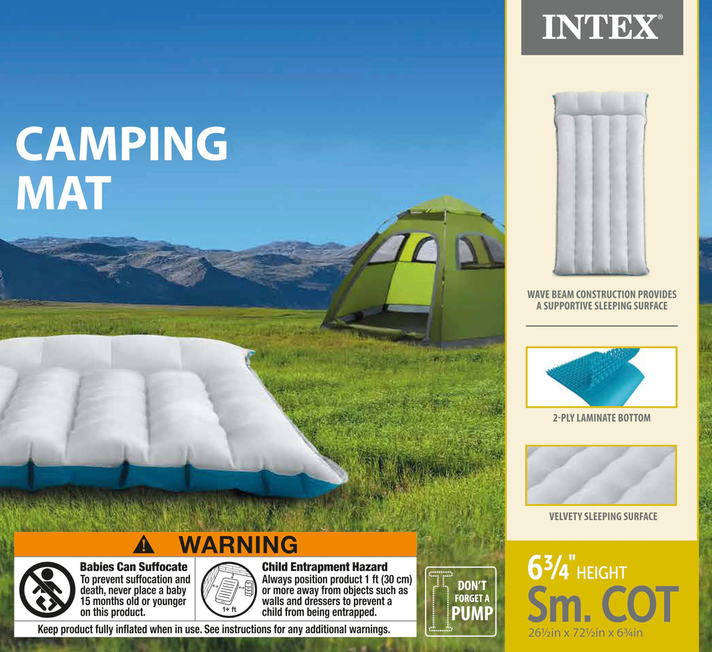 INTEX 67997E Camping Air Mattress Mat 26.5" x 72.5": Durable Outdoor Use – 2-PLY Laminate – Velvety Surface – Unique Construction – 300lb Weight Capacity Intex