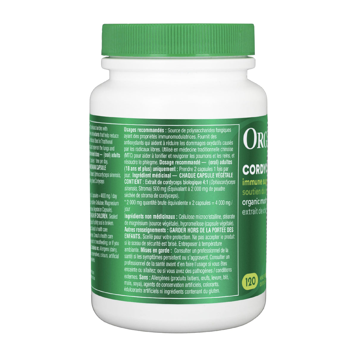Organika Cordyceps Mushroom- Organic 500mg 4:1 Extract- Immune Support, Antioxidant Support- 120vcaps