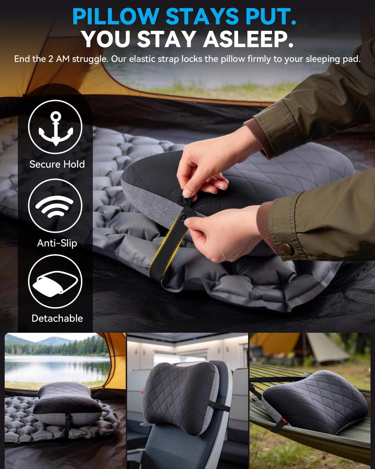 Hikenture Camping Pillow with Removable Cover - Ultralight Inflatable Pillow for Neck Lumber Support - Upgrade Backpacking Pillow - Washable Travel Air Pillows for Camping, Hiking, Backpacking (Black)