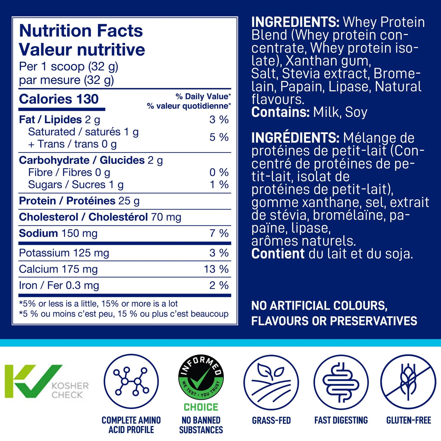 LeanFit Natural Vanilla Whey Protein Powder – 25g Protein Per Serving, Grass-Fed, Gluten-Free with BCAAs – 26 Servings (832g)