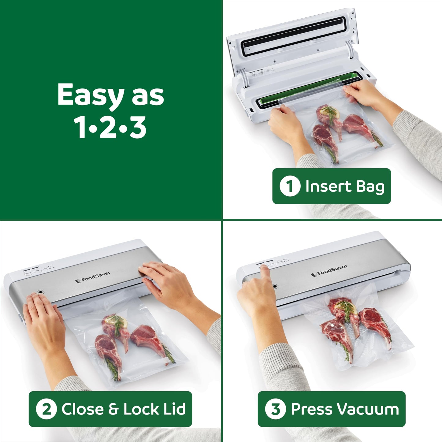 FoodSaver PowerVac Compact Vacuum Sealer Machine w/ Vertical Storage | 5 Airtight Vacuum Seal Bags & 1 Roll | VS0150 | Stainless Steel / Black - Available at All In One Marketplace Canada