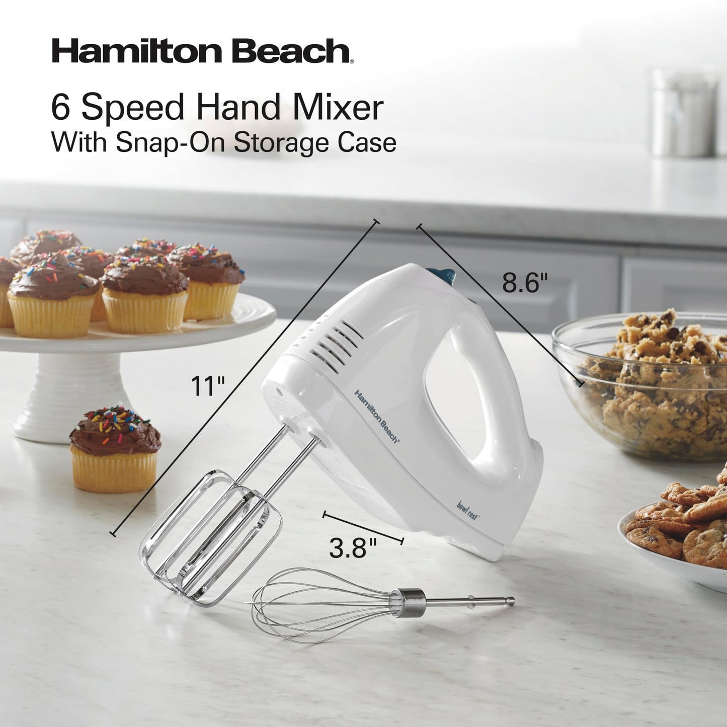Hamilton Beach 6-Speed Electric Hand Mixer for Baking, 250W, QuickBurst, Snap-On Storage Case, Traditional Beaters & Whisk, White (62682G) - Available at All In One Marketplace Canada