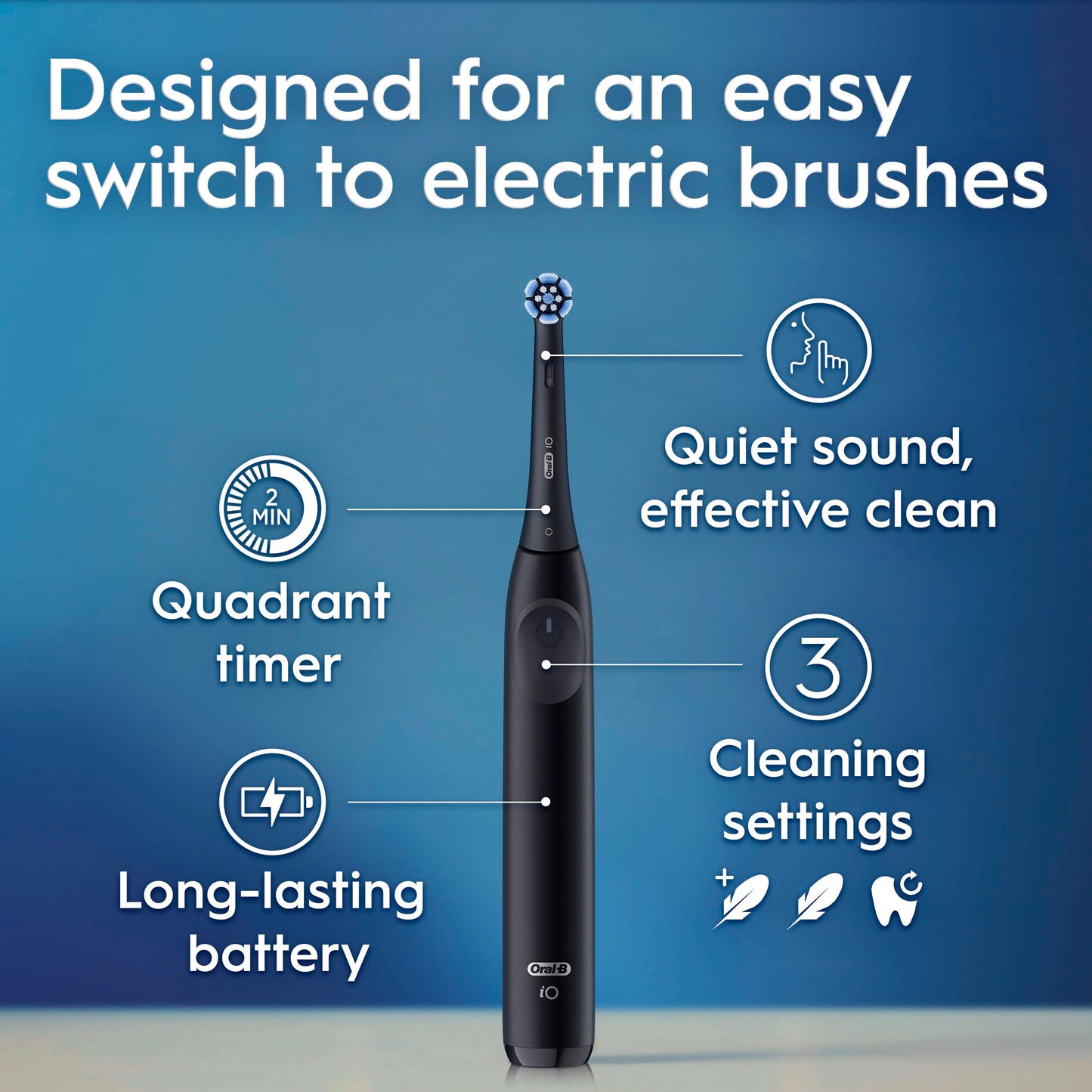 Oral-B iO2 Electric Toothbrush, for an Easy Switch to Electric, Night Black, Rechargeable Electric Toothbrushes, iO Series 2 Starter Kit with 1 Power Toothbrush and 2 Brush Heads - Available at All In One Marketplace Canada