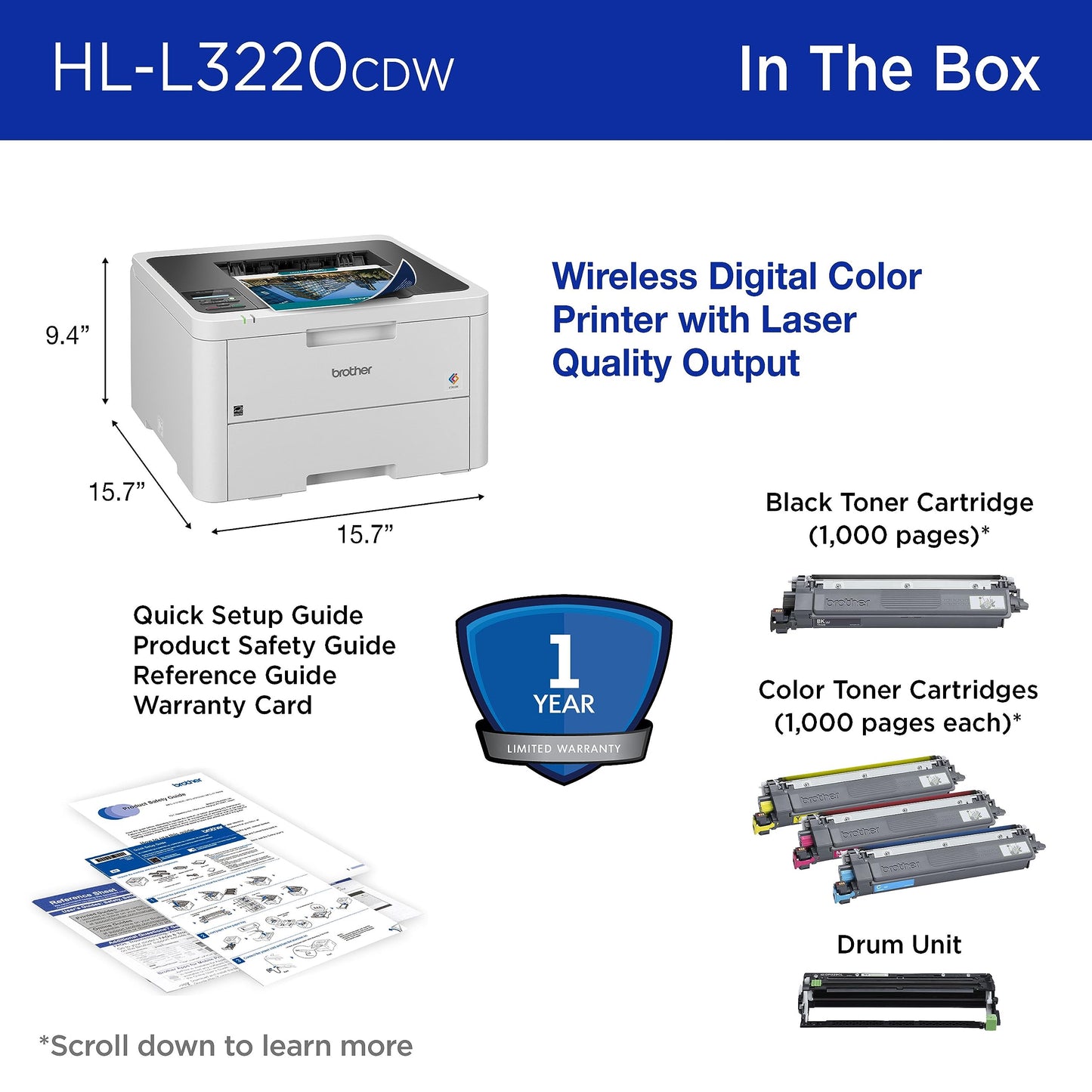 Brother Color Laser Printer with Wireless Printing Fast 19 PPM Output, Duplex Feature, Mobile Device Compatible, 250-Sheet Paper Tray for Professional Home Office Printing (HL-L3220CDW) Brother
