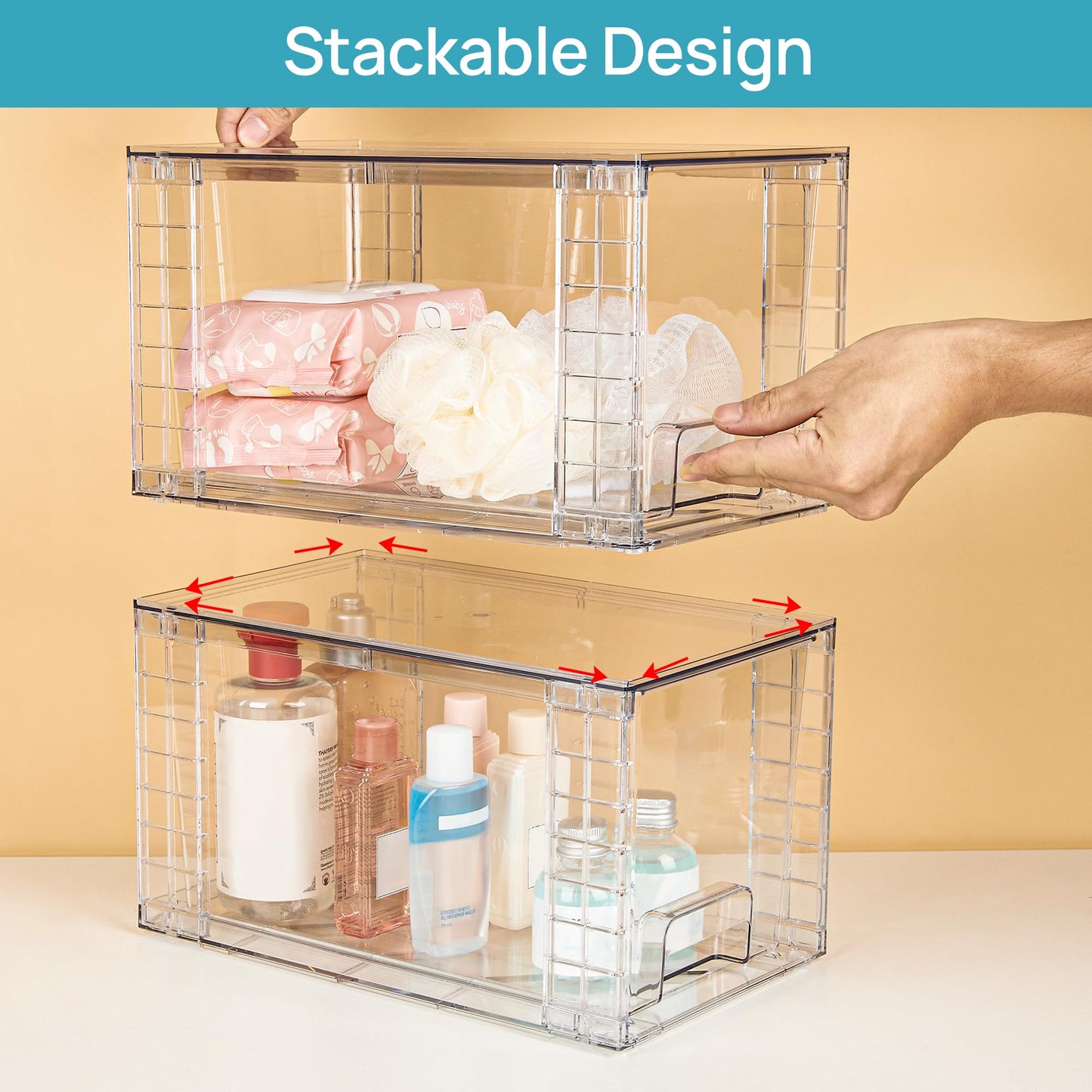 Vtopmart 4 Pack Large Stackable Storage Drawers,Clear Acrylic Drawer Organizers with Handles, Easily Assemble for Bathroom,Kitchen Undersink,Cabinet,Closet,Makeup,Pantry Organization and Storage - Available at All In One Marketplace Canada
