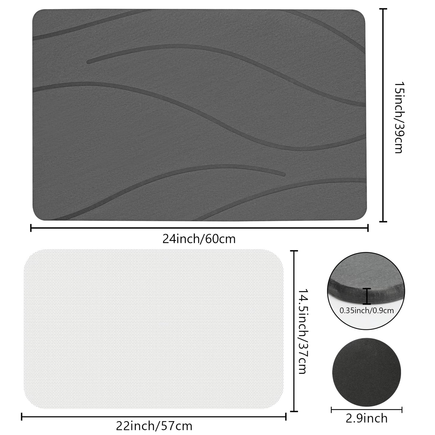 Ceecysaa 60 x 39cm Stone Bath Mat, Diatomaceous Earth Quick Dry Non Slip, Dark Gray Ceecysaa